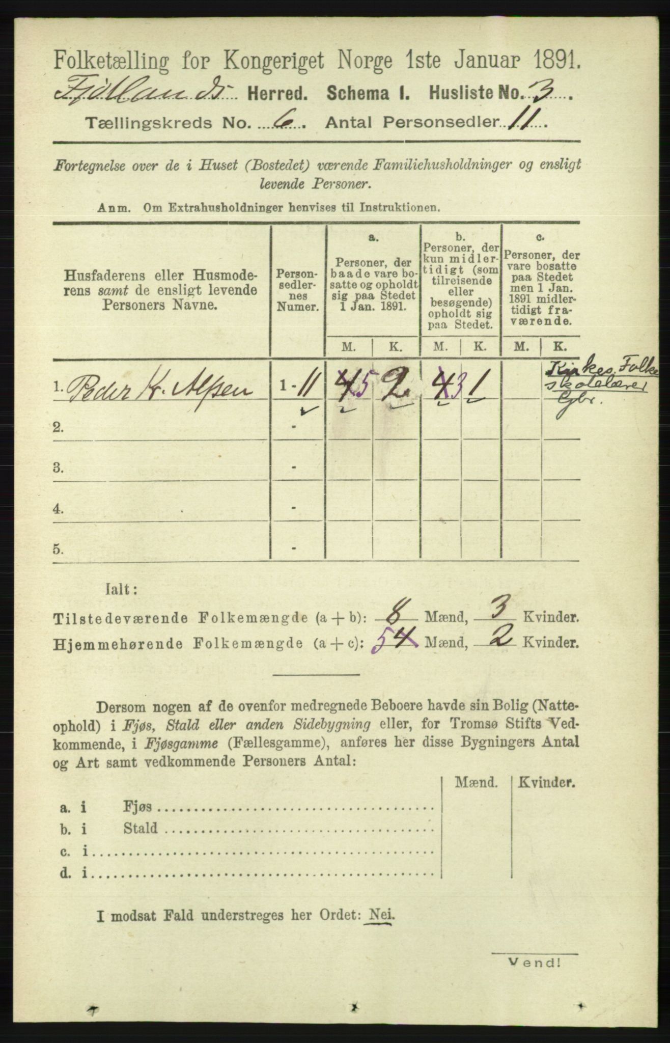 RA, 1891 census for 1036 Fjotland, 1891, p. 839