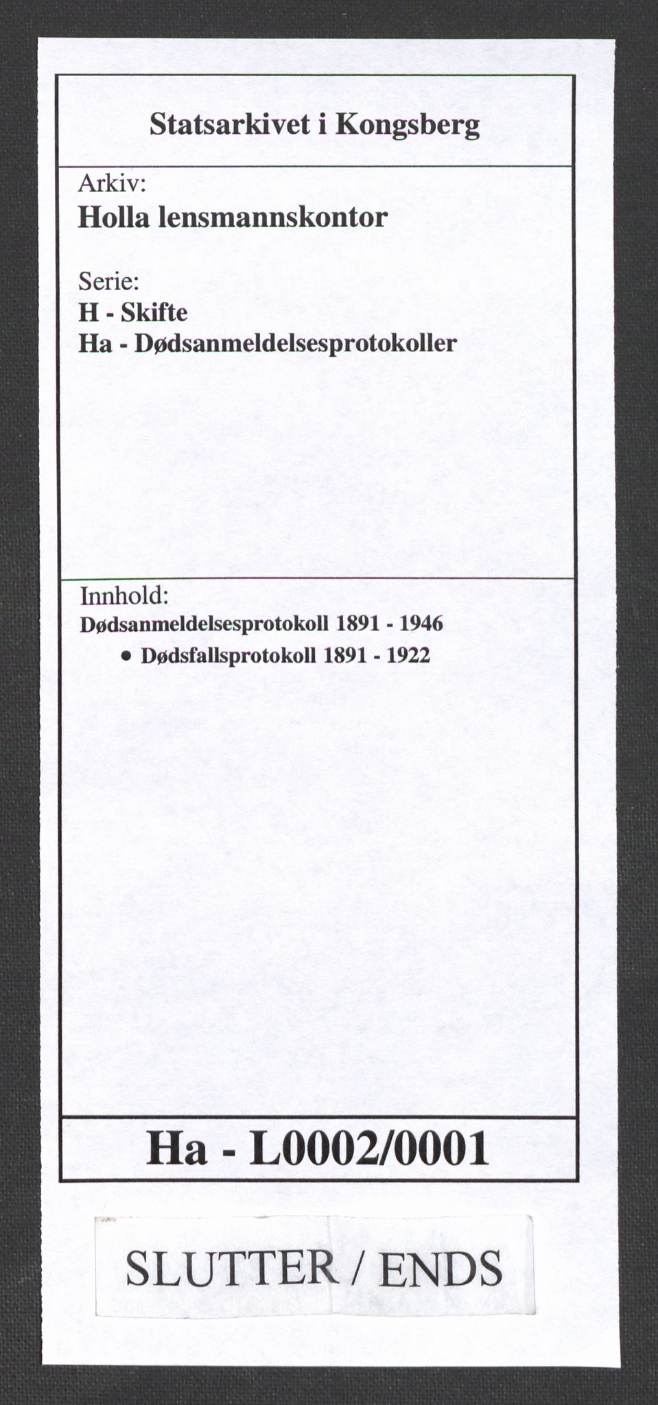 Holla lensmannskontor, SAKO/A-560/H/Ha/L0002/0001: Dødsanmeldelsesprotokoll / Dødsfallsprotokoll, 1891-1922