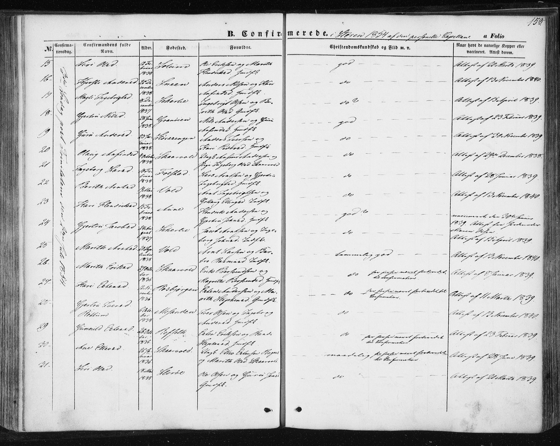 Ministerialprotokoller, klokkerbøker og fødselsregistre - Sør-Trøndelag, SAT/A-1456/687/L1000: Parish register (official) no. 687A06, 1848-1869, p. 153