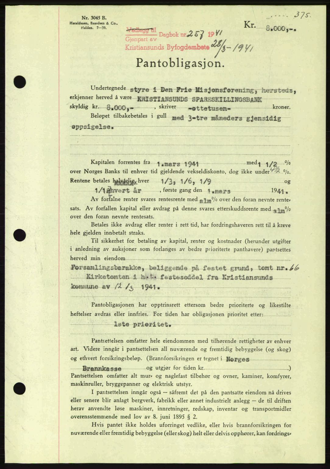 Kristiansund byfogd, SAT/A-4587/A/27: Mortgage book no. 33, 1939-1941, Diary no: : 257/1941