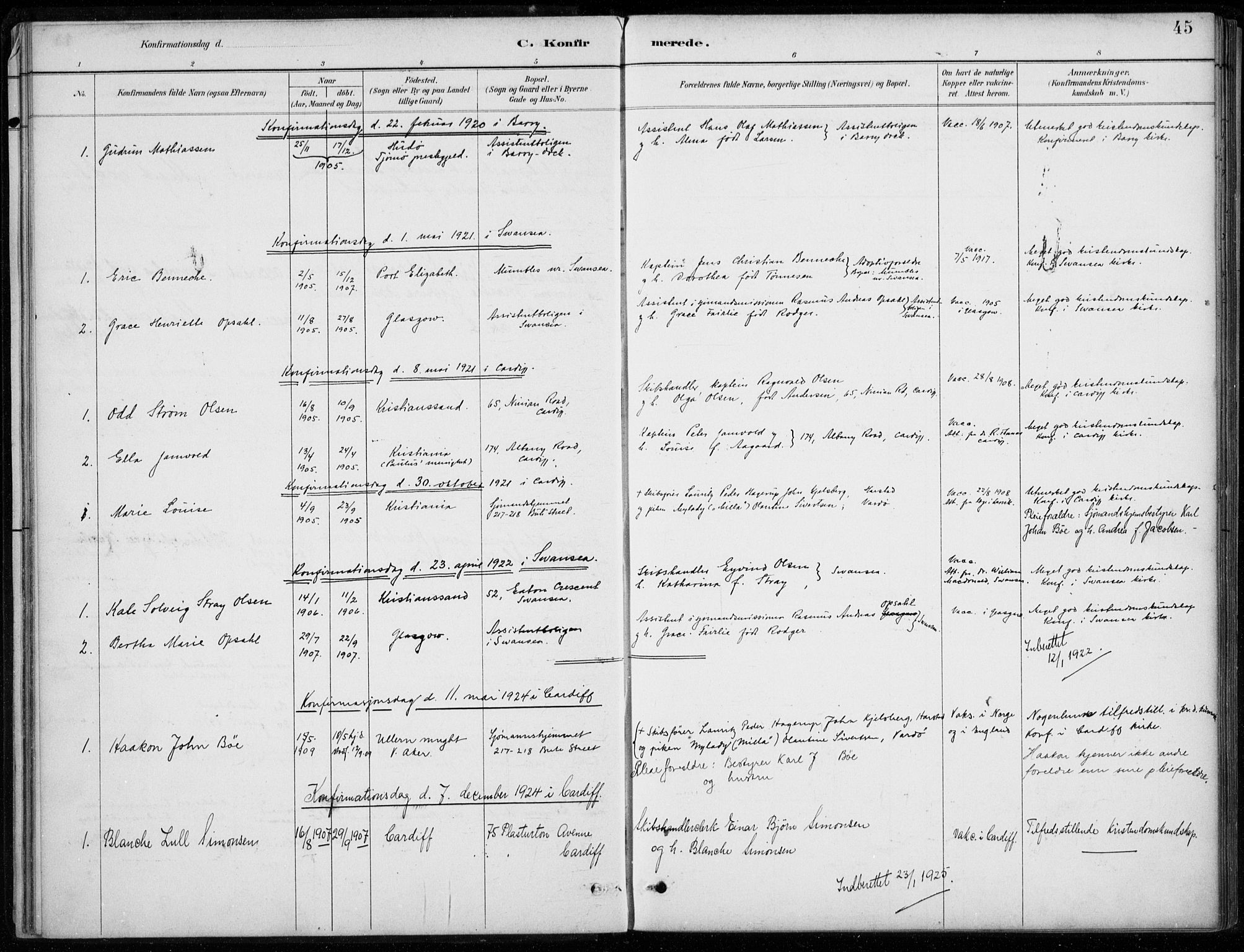 Den norske sjømannsmisjon i utlandet/Bristolhavnene(Cardiff-Swansea), SAB/SAB/PA-0102/H/Ha/Haa/L0002: Parish register (official) no. A 2, 1887-1932, p. 45