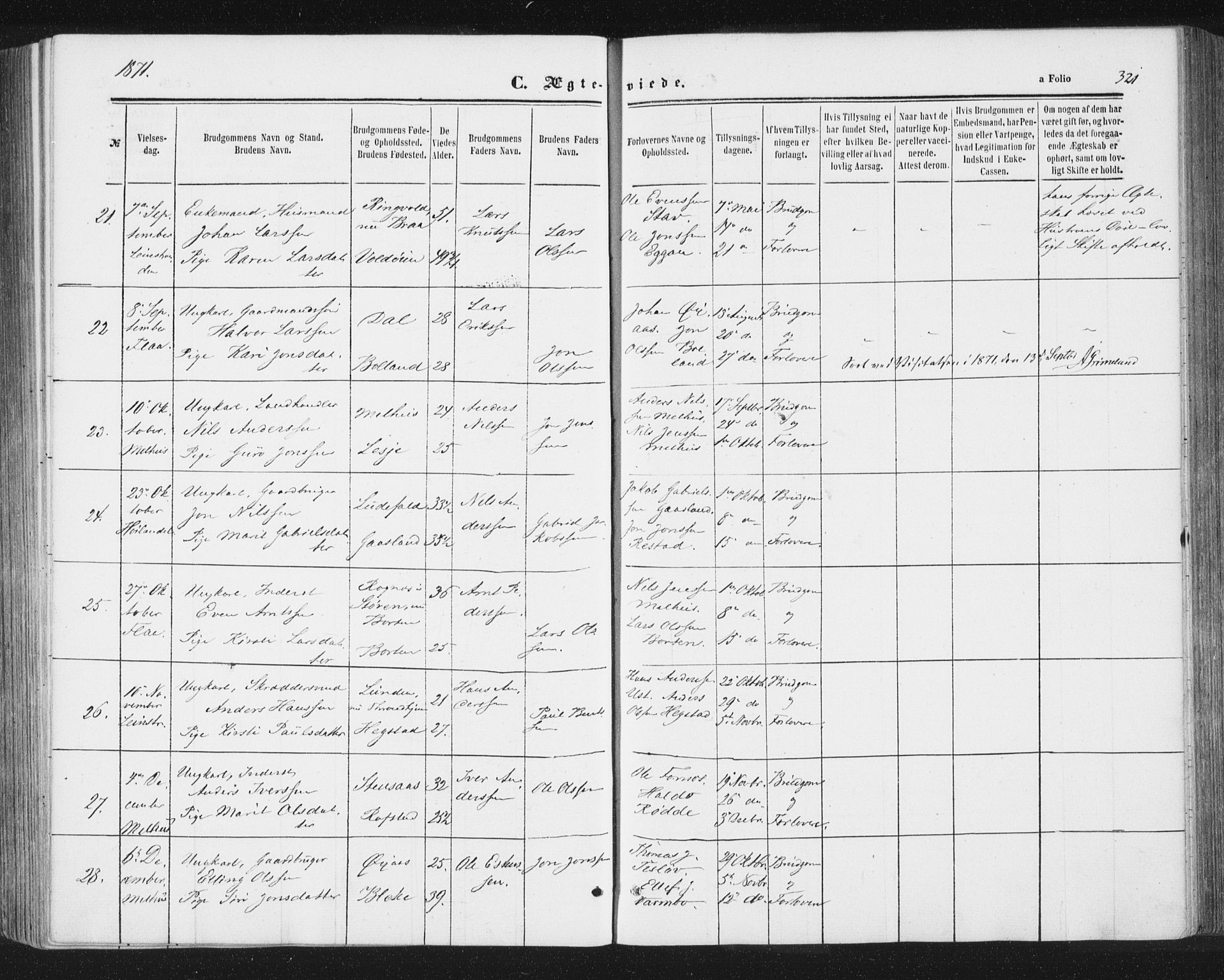 Ministerialprotokoller, klokkerbøker og fødselsregistre - Sør-Trøndelag, AV/SAT-A-1456/691/L1077: Parish register (official) no. 691A09, 1862-1873, p. 321