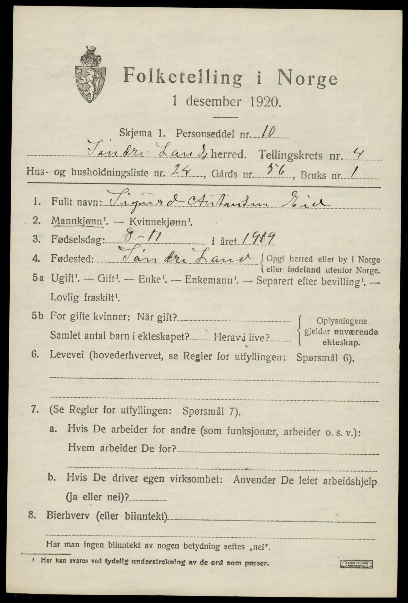 SAH, 1920 census for Søndre Land, 1920, p. 4995