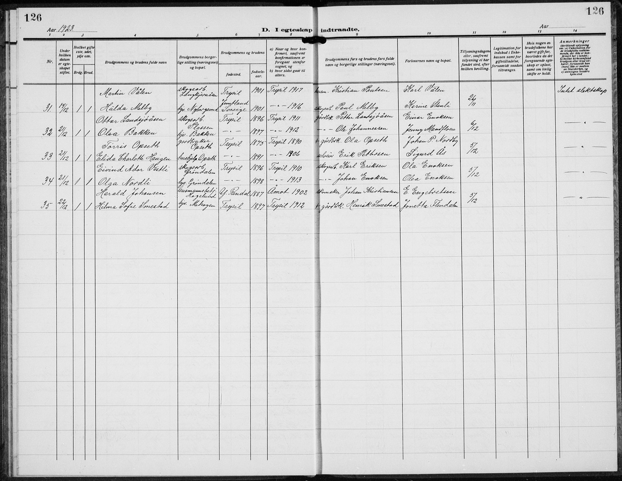 Trysil prestekontor, AV/SAH-PREST-046/H/Ha/Hab/L0010: Parish register (copy) no. 10, 1917-1937, p. 126