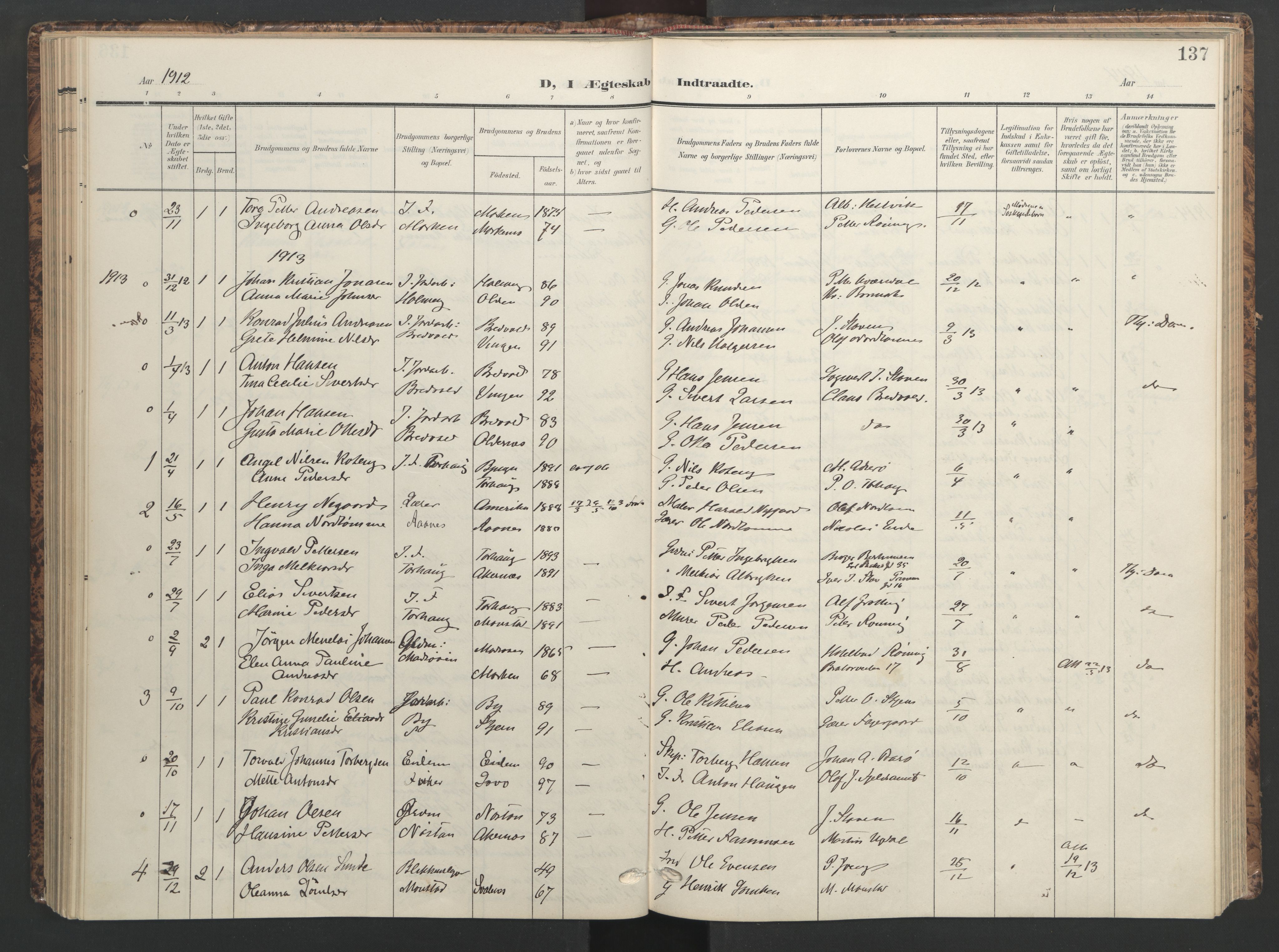 Ministerialprotokoller, klokkerbøker og fødselsregistre - Sør-Trøndelag, SAT/A-1456/655/L0682: Parish register (official) no. 655A11, 1908-1922, p. 137