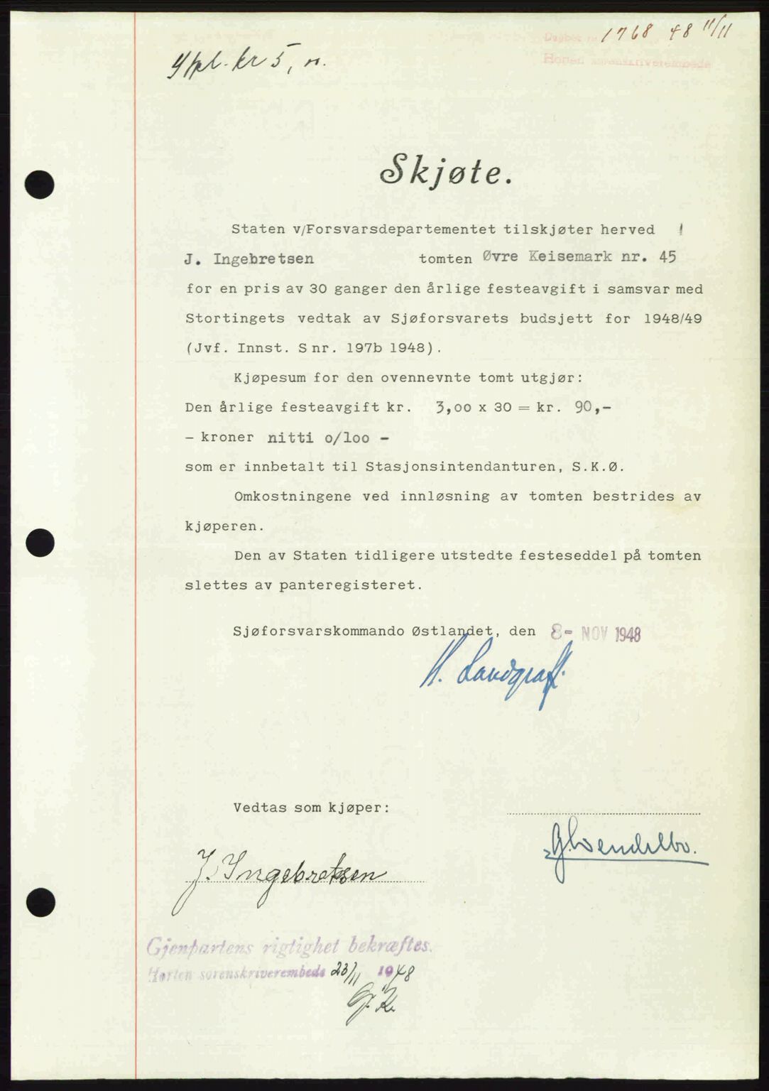 Horten sorenskriveri, AV/SAKO-A-133/G/Ga/Gaa/L0011: Mortgage book no. A-11, 1948-1948, Diary no: : 1768/1948