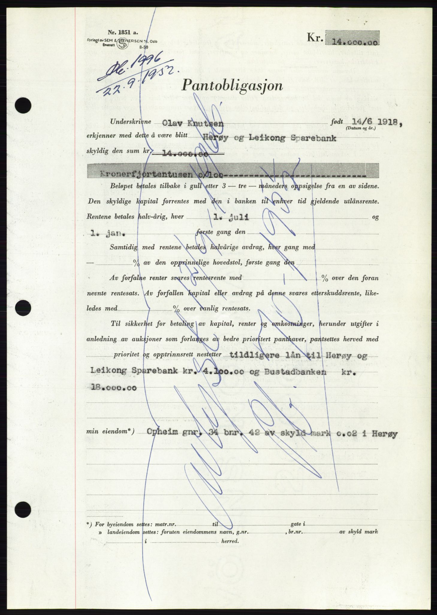 Søre Sunnmøre sorenskriveri, AV/SAT-A-4122/1/2/2C/L0122: Mortgage book no. 10B, 1952-1953, Diary no: : 1996/1952