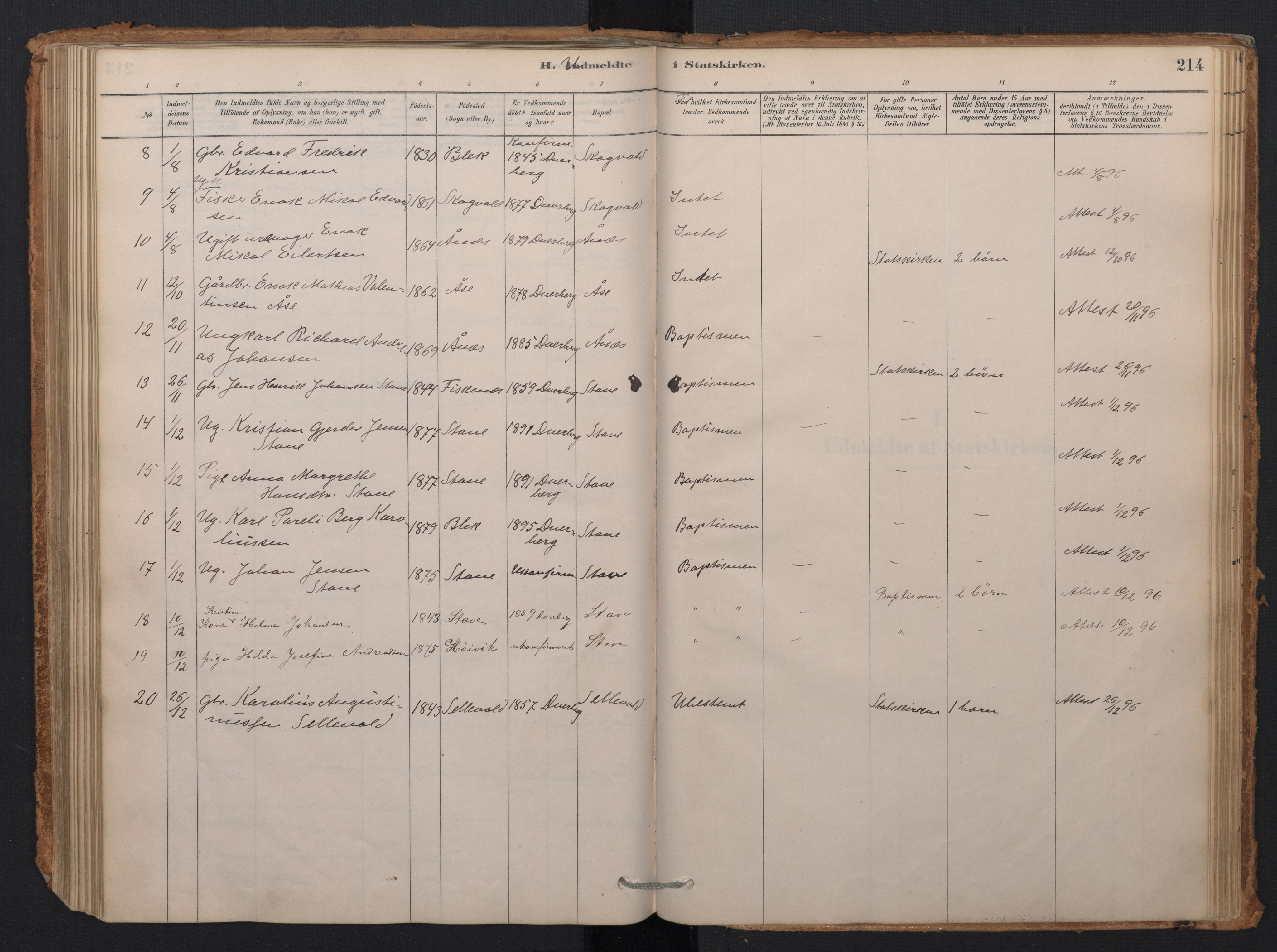 Ministerialprotokoller, klokkerbøker og fødselsregistre - Nordland, AV/SAT-A-1459/897/L1399: Parish register (official) no. 897A06, 1881-1896, p. 214