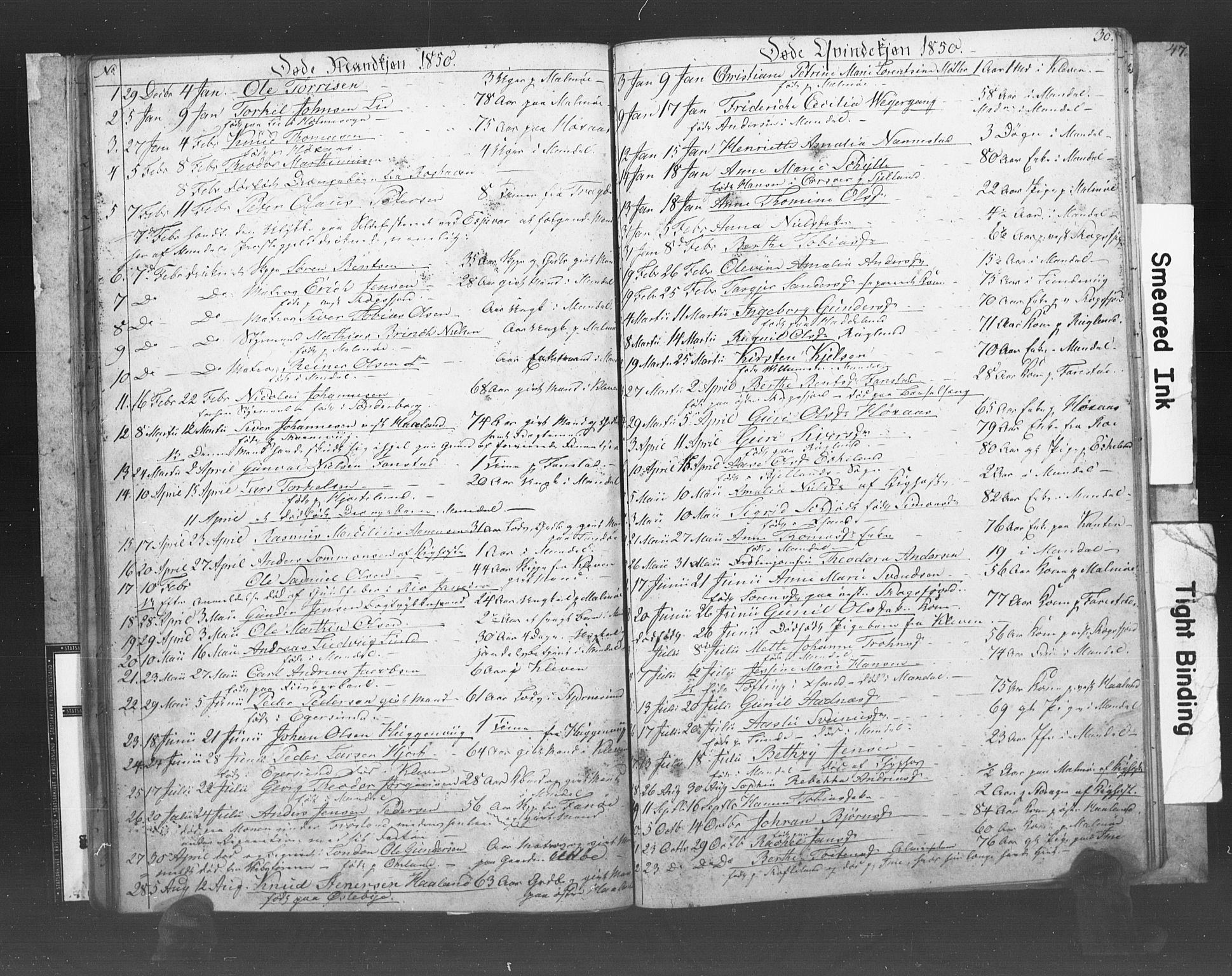 Mandal sokneprestkontor, SAK/1111-0030/F/Fb/Fba/L0007: Parish register (copy) no. B 1G, 1850-1853, p. 30