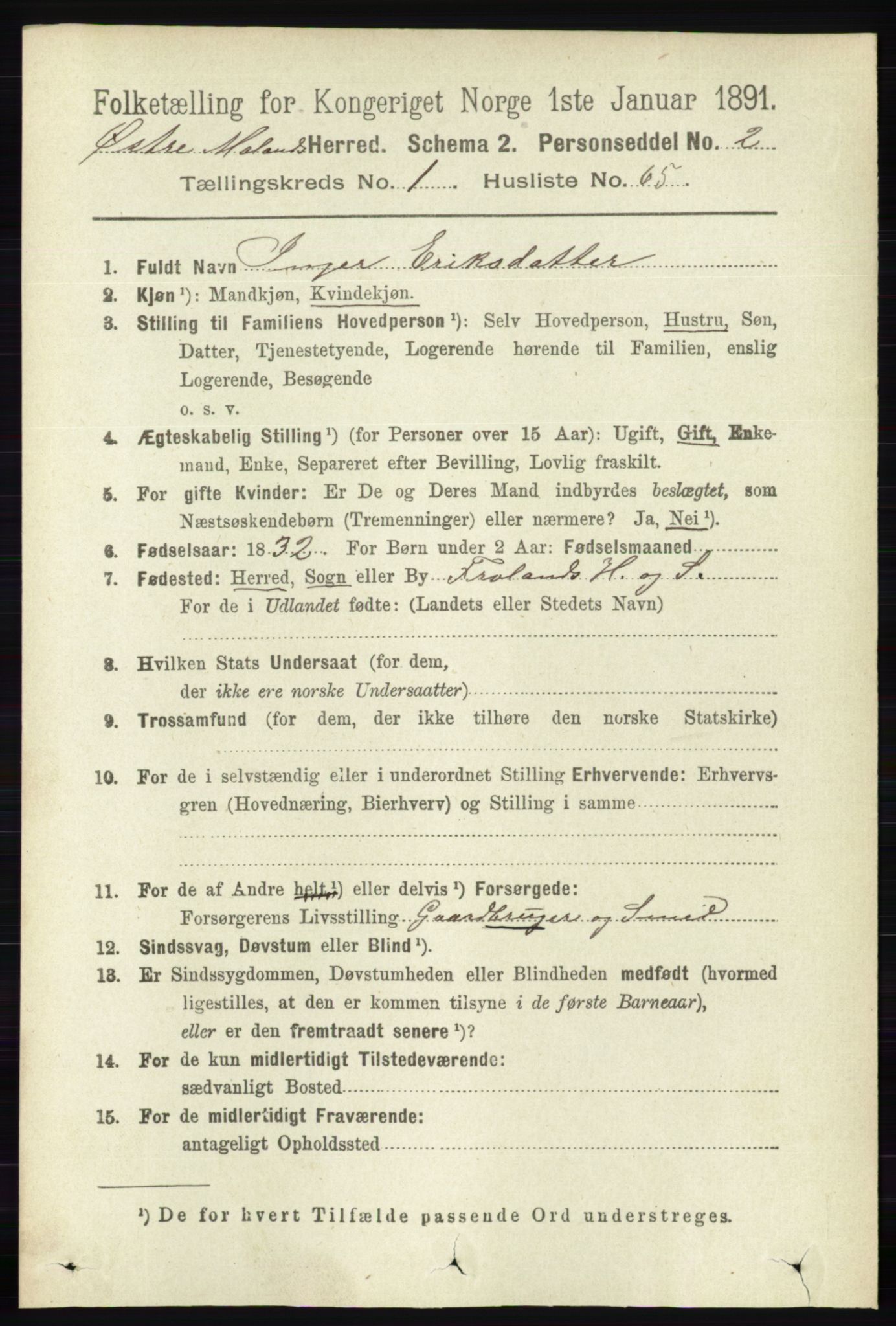 RA, 1891 census for 0918 Austre Moland, 1891, p. 523