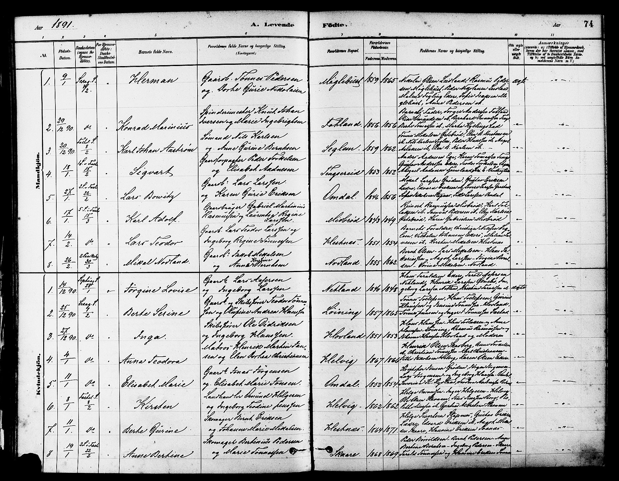 Eigersund sokneprestkontor, SAST/A-101807/S08/L0017: Parish register (official) no. A 14, 1879-1892, p. 74