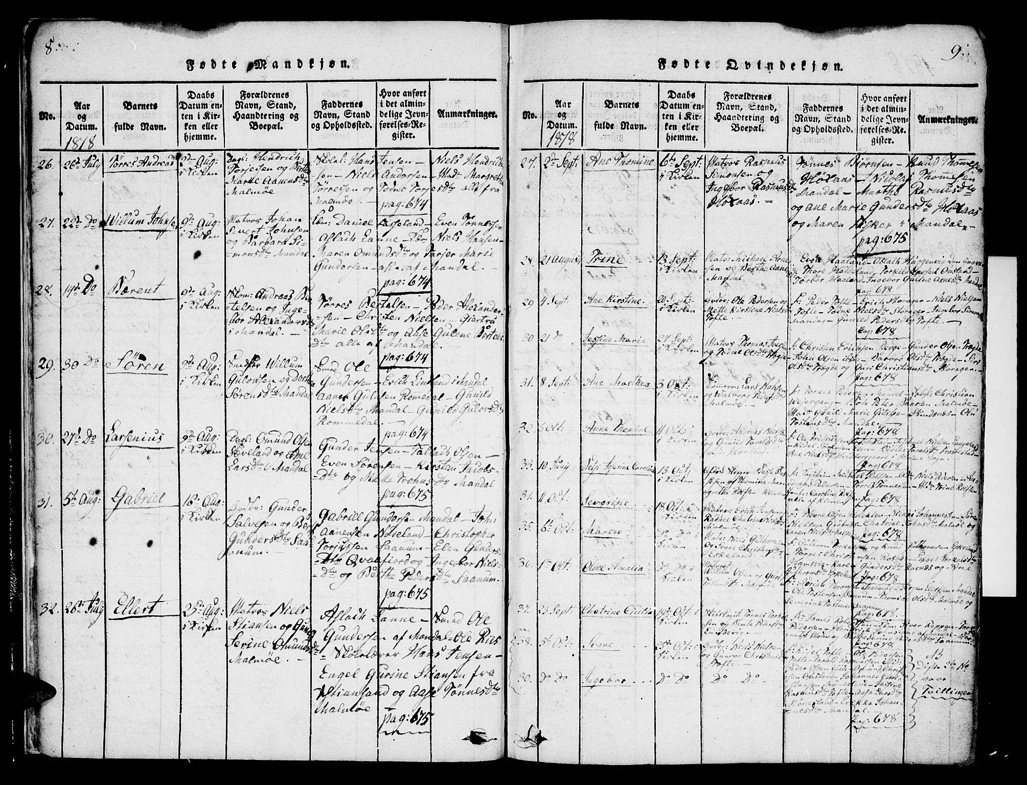 Mandal sokneprestkontor, SAK/1111-0030/F/Fa/Faa/L0010: Parish register (official) no. A 10, 1817-1830, p. 8-9