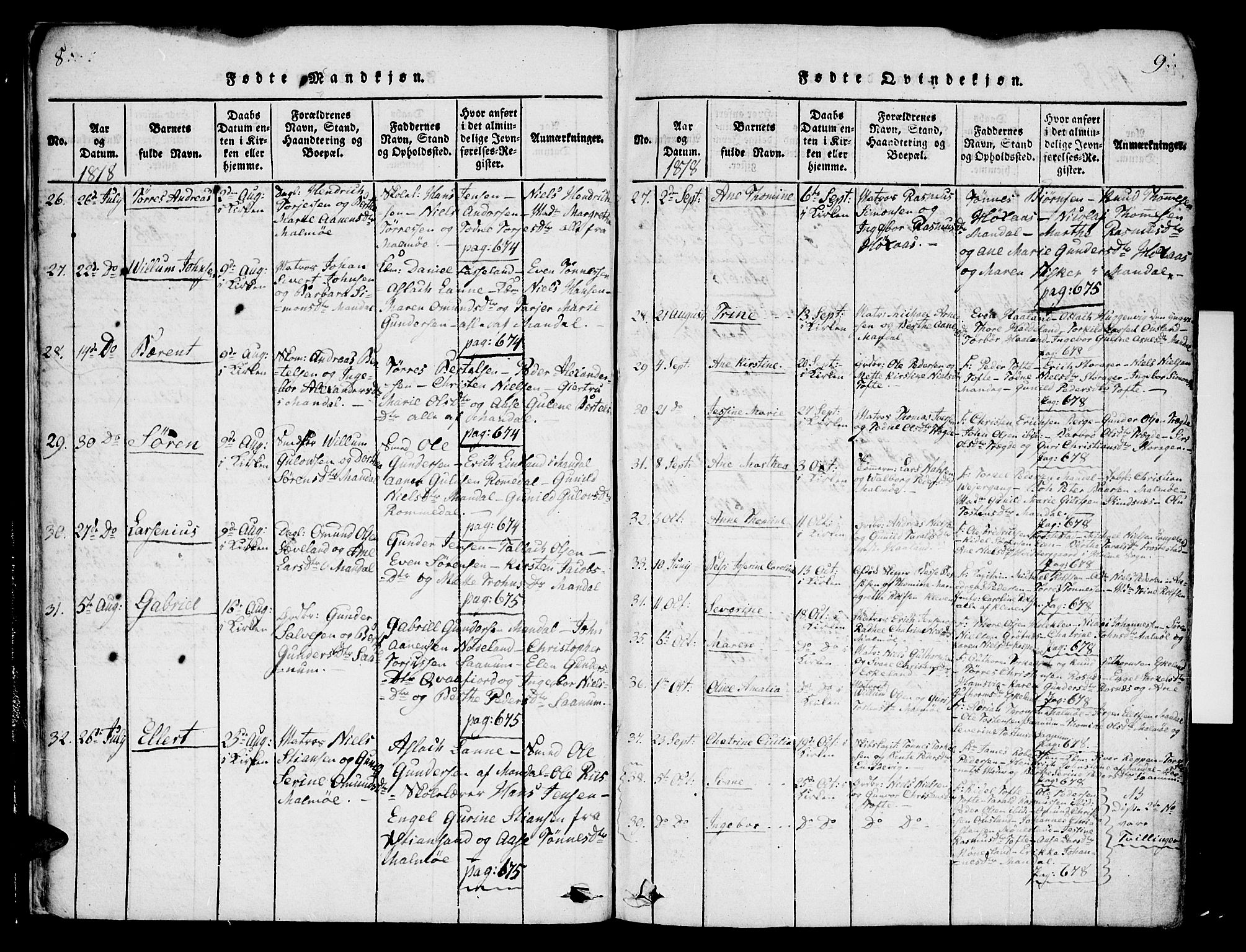 Mandal sokneprestkontor, AV/SAK-1111-0030/F/Fa/Faa/L0010: Parish register (official) no. A 10, 1817-1830, p. 8-9