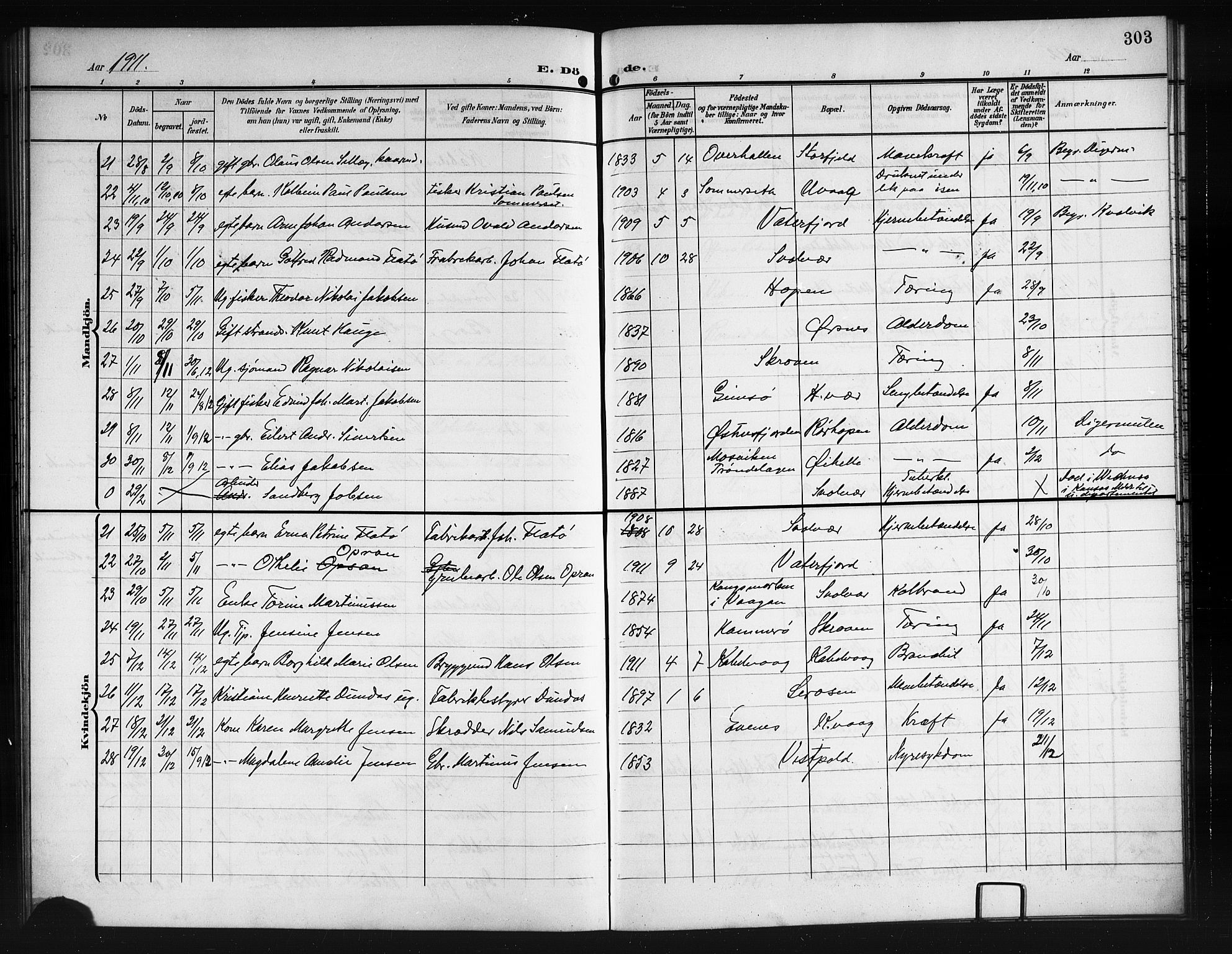 Ministerialprotokoller, klokkerbøker og fødselsregistre - Nordland, AV/SAT-A-1459/874/L1079: Parish register (copy) no. 874C08, 1907-1915, p. 303