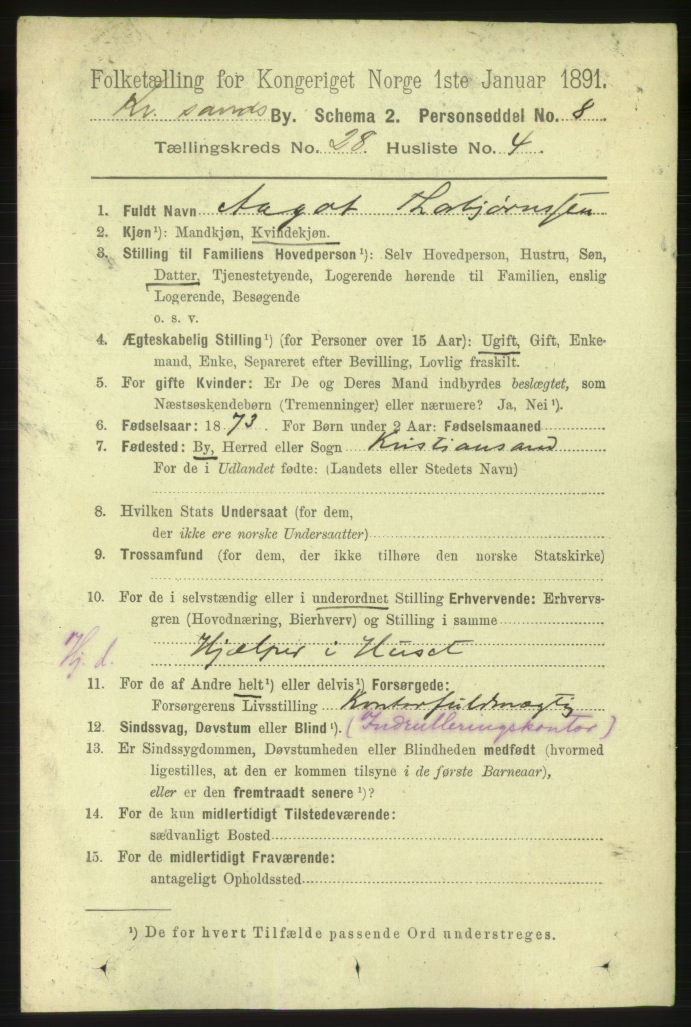 RA, 1891 census for 1001 Kristiansand, 1891, p. 9532