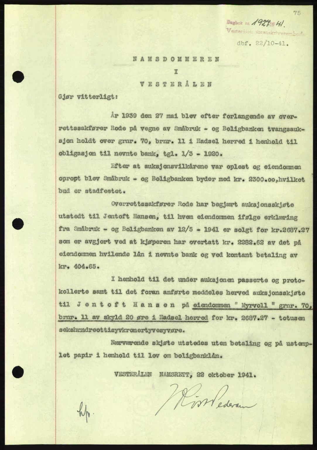 Vesterålen sorenskriveri, SAT/A-4180/1/2/2Ca: Mortgage book no. A12, 1941-1942, Diary no: : 1927/1941