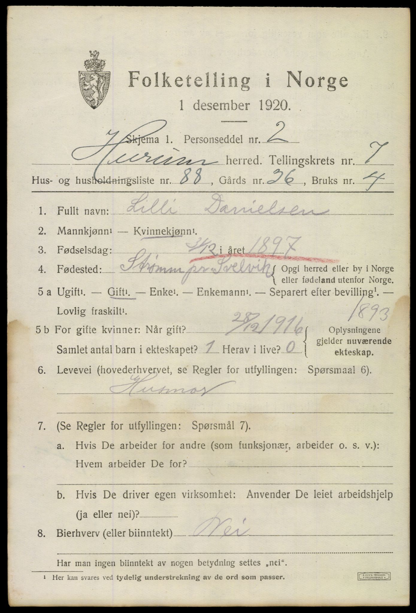 SAKO, 1920 census for Hurum, 1920, p. 10100