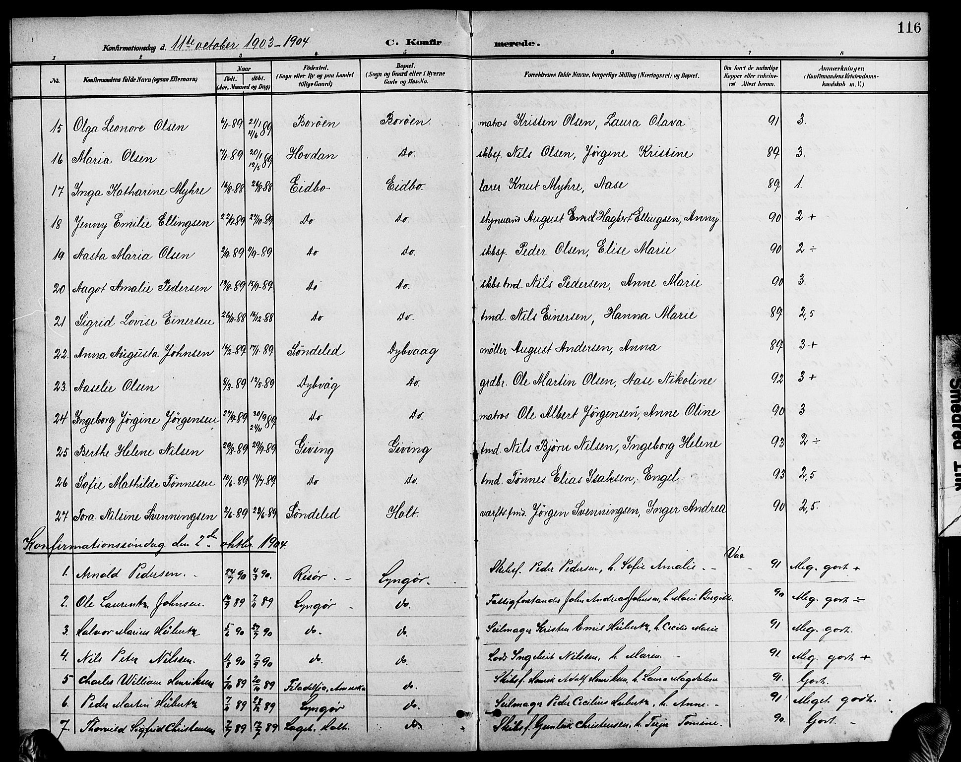 Dypvåg sokneprestkontor, AV/SAK-1111-0007/F/Fb/Fba/L0014: Parish register (copy) no. B 14, 1901-1922, p. 116