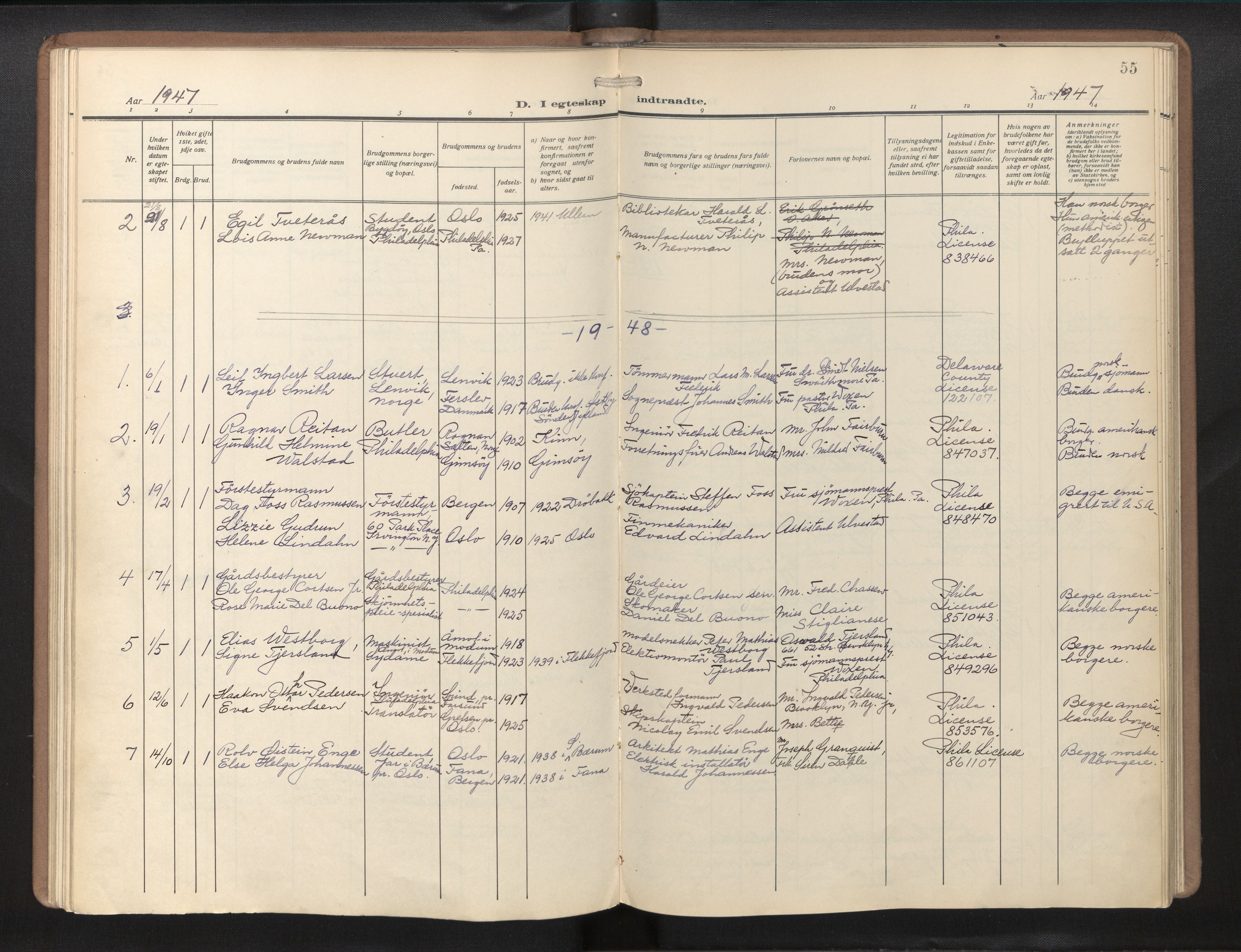 Den norske sjømannsmisjon i utlandet/Philadelphia, SAB/SAB/PA-0113/H/Ha/L0002: Parish register (official) no. A 2, 1931-1957, p. 54b-55a