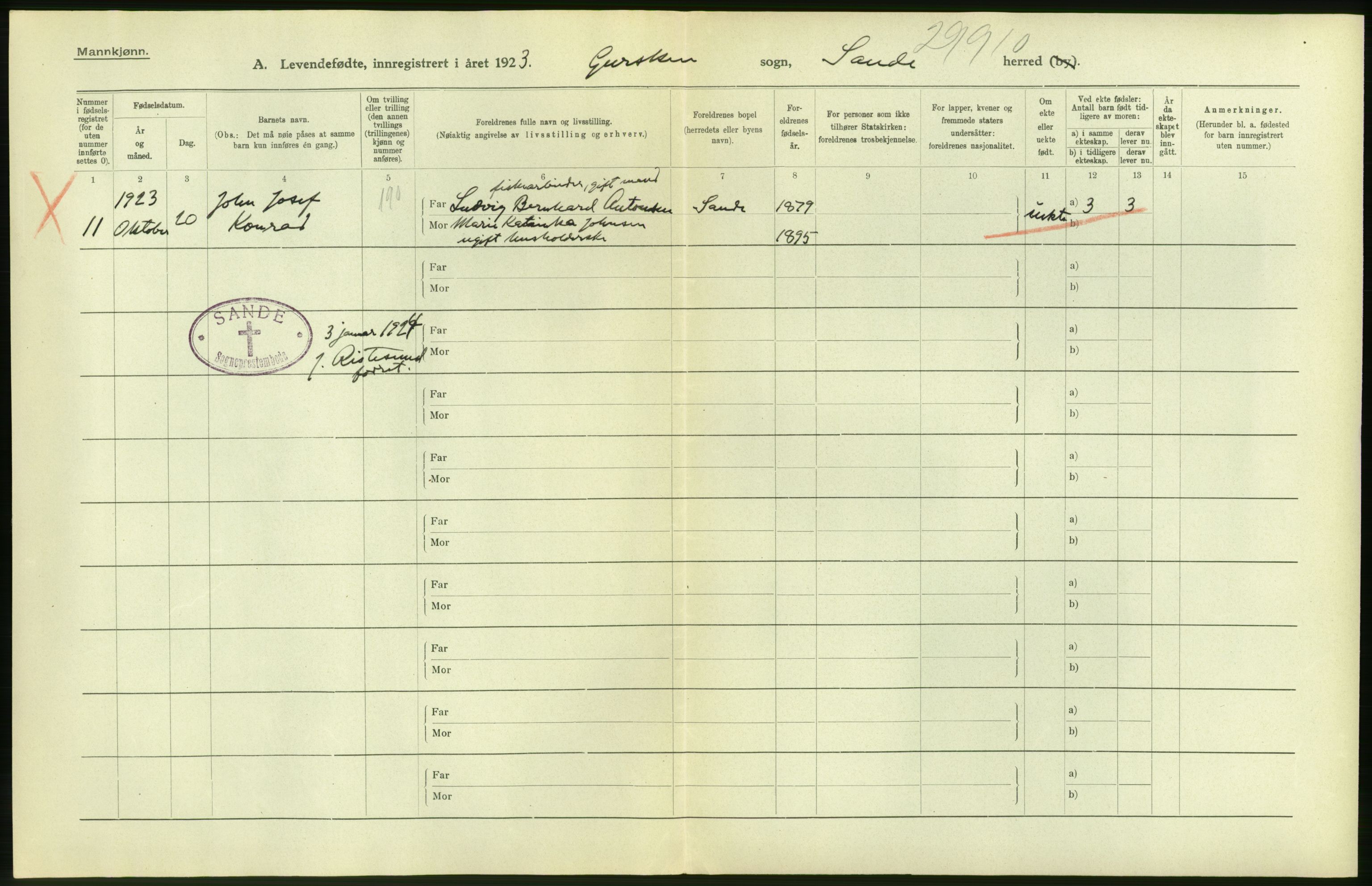 Statistisk sentralbyrå, Sosiodemografiske emner, Befolkning, AV/RA-S-2228/D/Df/Dfc/Dfcc/L0033: Møre fylke: Levendefødte menn og kvinner. Bygder., 1923, p. 12