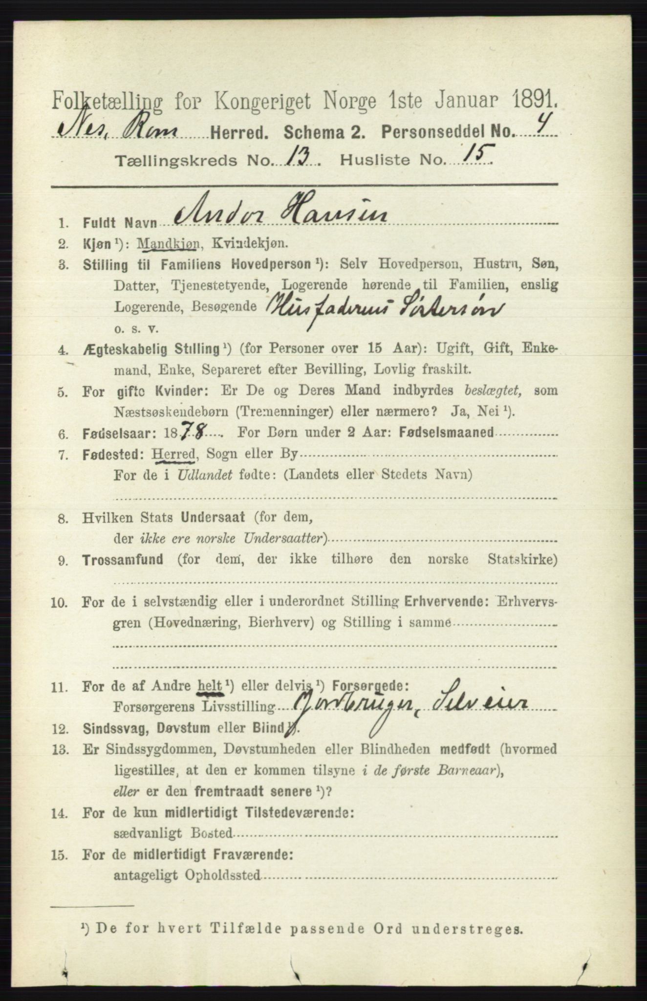 RA, 1891 census for 0236 Nes, 1891, p. 7933