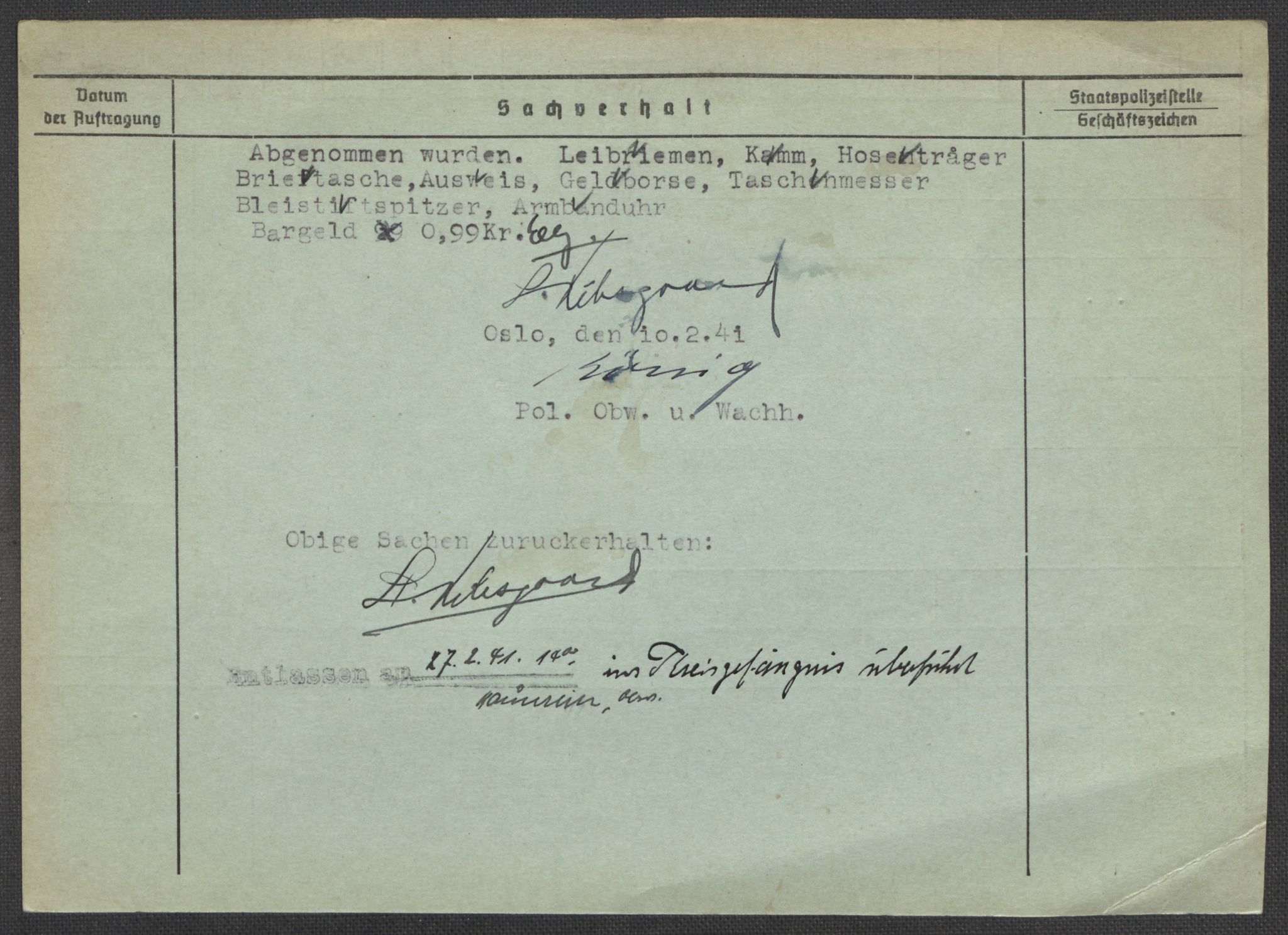 Befehlshaber der Sicherheitspolizei und des SD, RA/RAFA-5969/E/Ea/Eaa/L0005: Register over norske fanger i Møllergata 19: Hø-Kj, 1940-1945, p. 1324