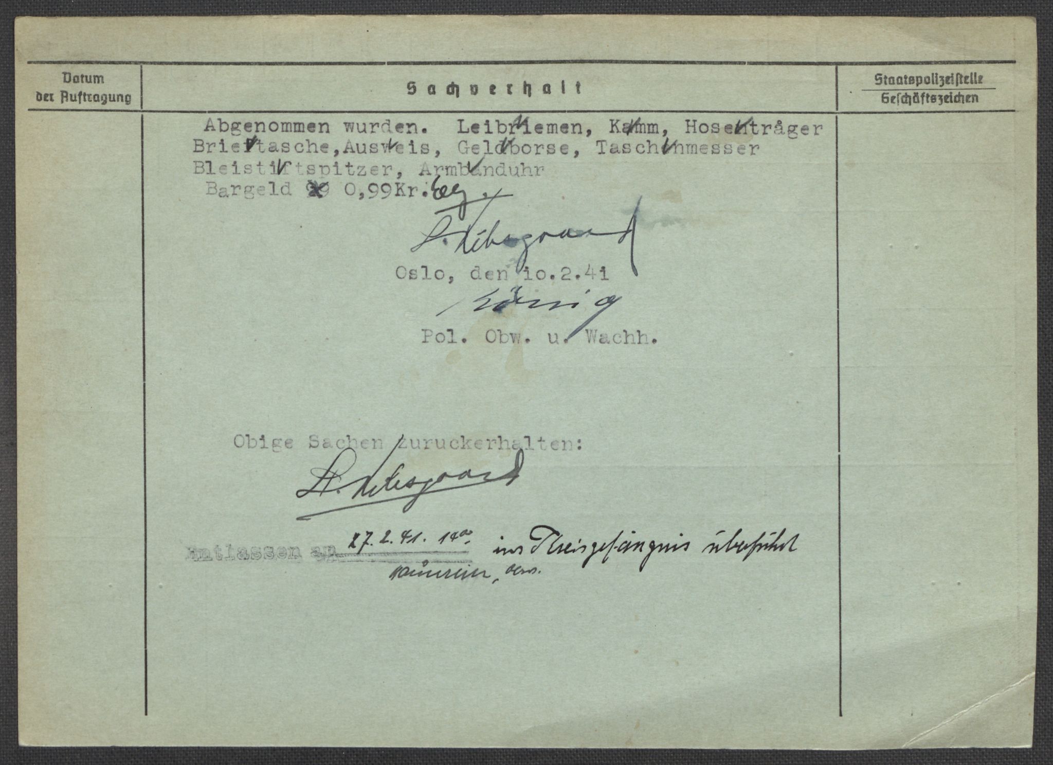 Befehlshaber der Sicherheitspolizei und des SD, AV/RA-RAFA-5969/E/Ea/Eaa/L0005: Register over norske fanger i Møllergata 19: Hø-Kj, 1940-1945, p. 1324