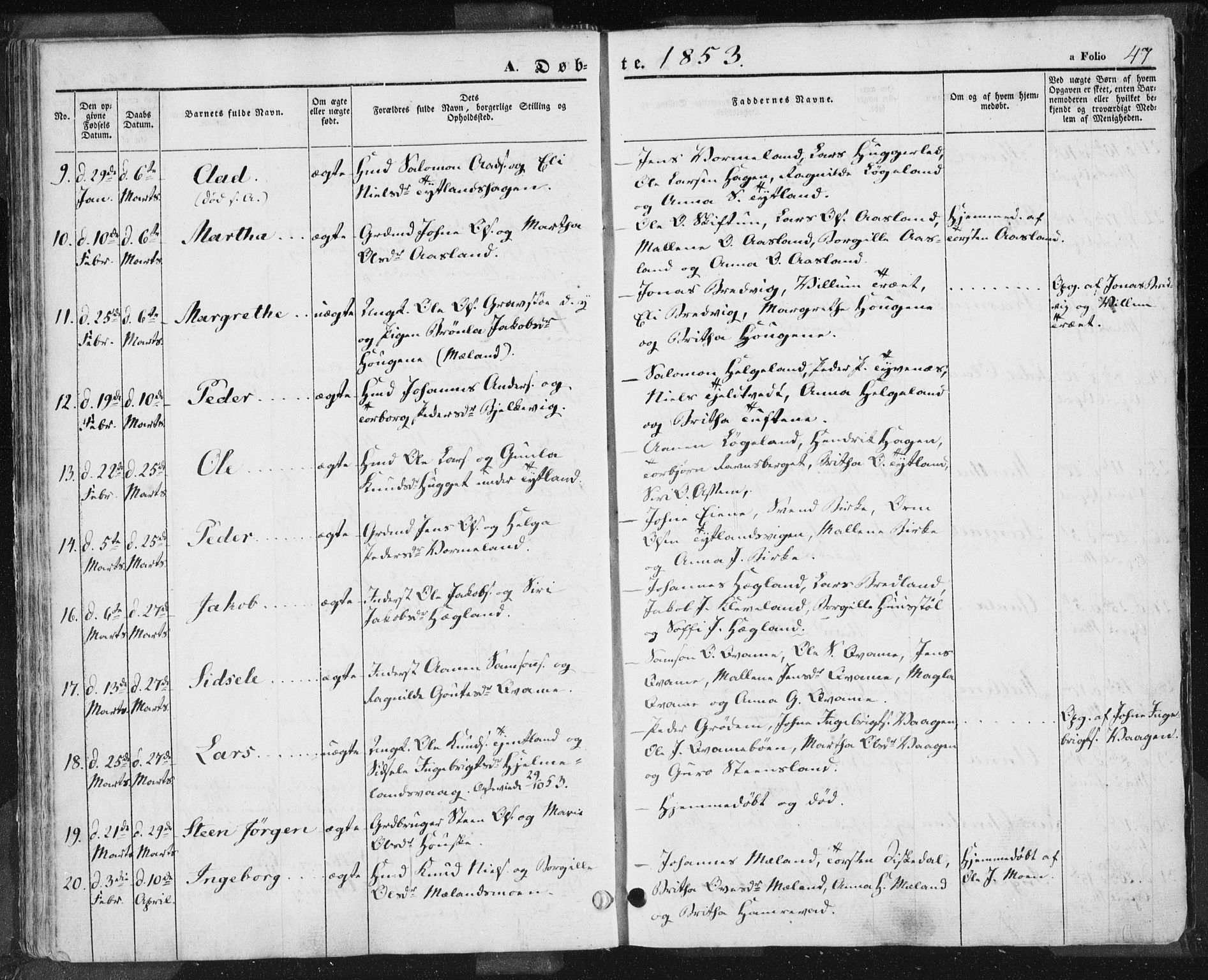 Hjelmeland sokneprestkontor, SAST/A-101843/01/IV/L0009: Parish register (official) no. A 9, 1846-1860, p. 47