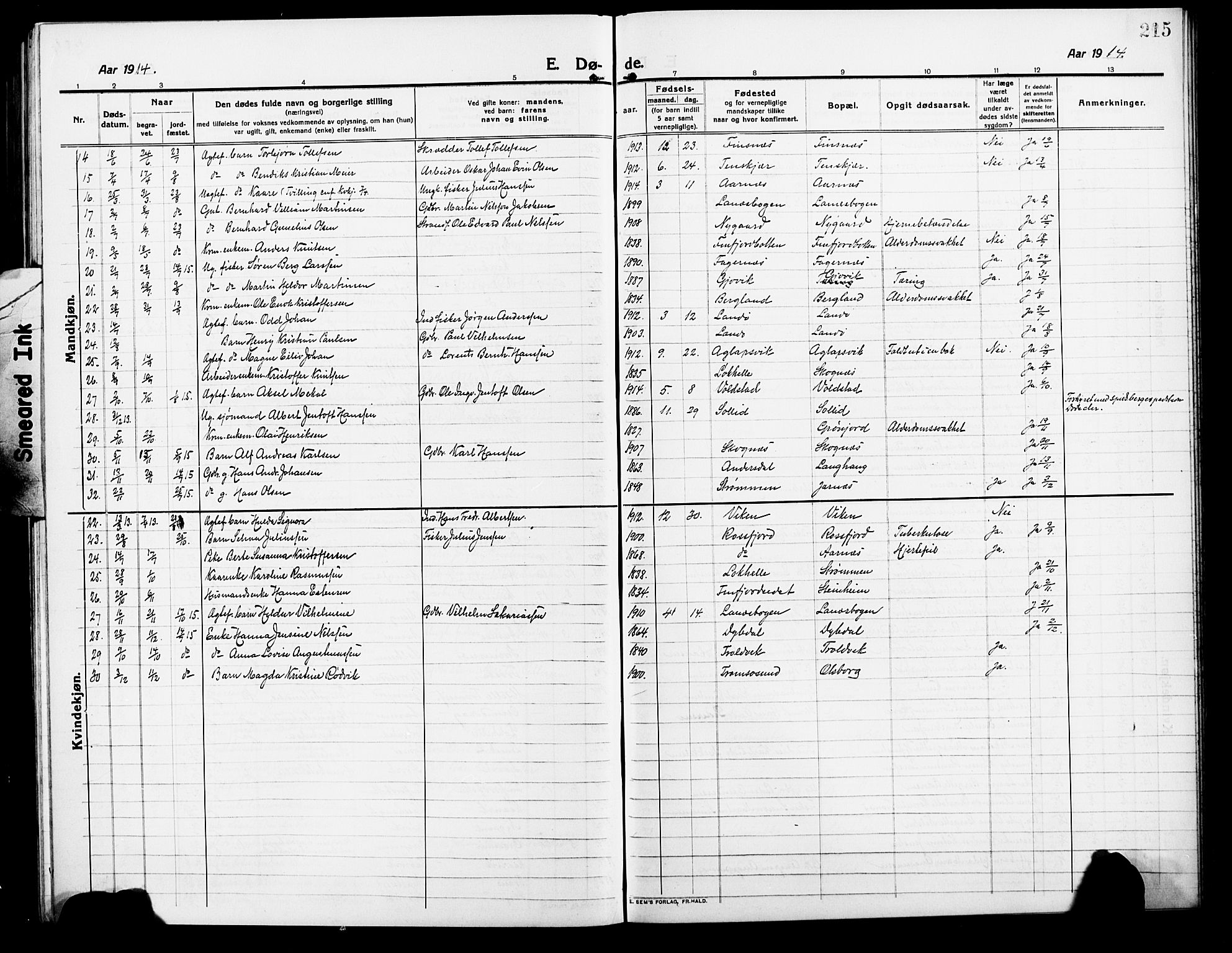 Lenvik sokneprestembete, AV/SATØ-S-1310/H/Ha/Hab/L0009klokker: Parish register (copy) no. 9, 1912-1926, p. 215