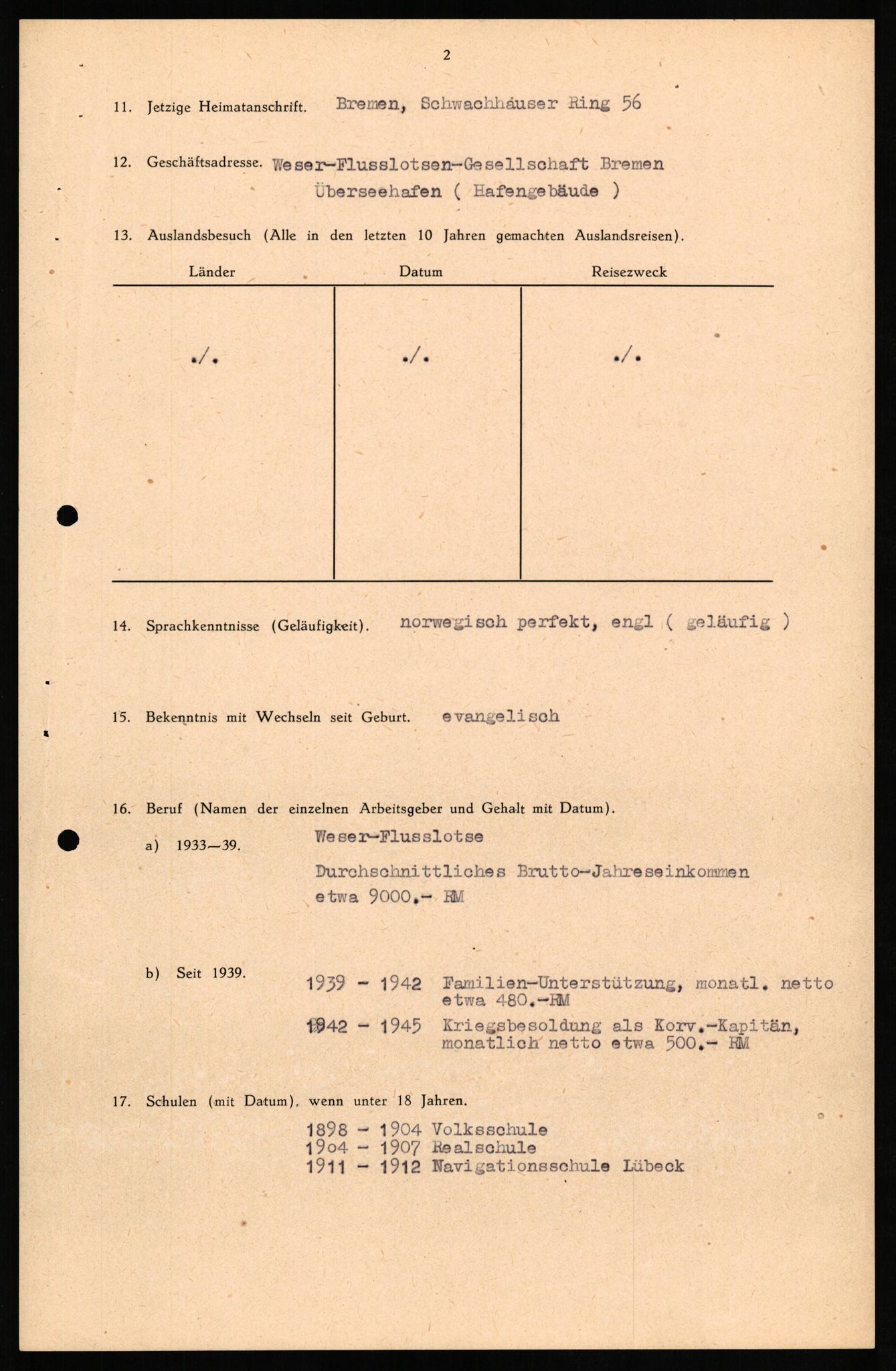 Forsvaret, Forsvarets overkommando II, AV/RA-RAFA-3915/D/Db/L0019: CI Questionaires. Tyske okkupasjonsstyrker i Norge. Tyskere., 1945-1946, p. 12