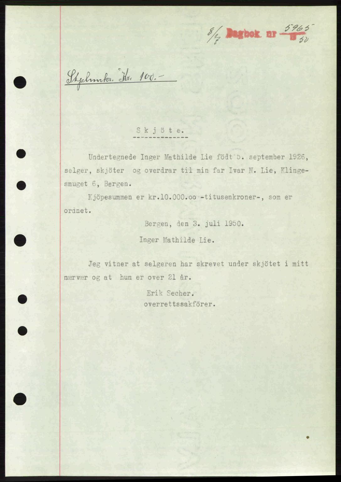 Byfogd og Byskriver i Bergen, AV/SAB-A-3401/03/03Bc/L0033: Mortgage book no. A26-27, 1950-1950, Diary no: : 5965/1950