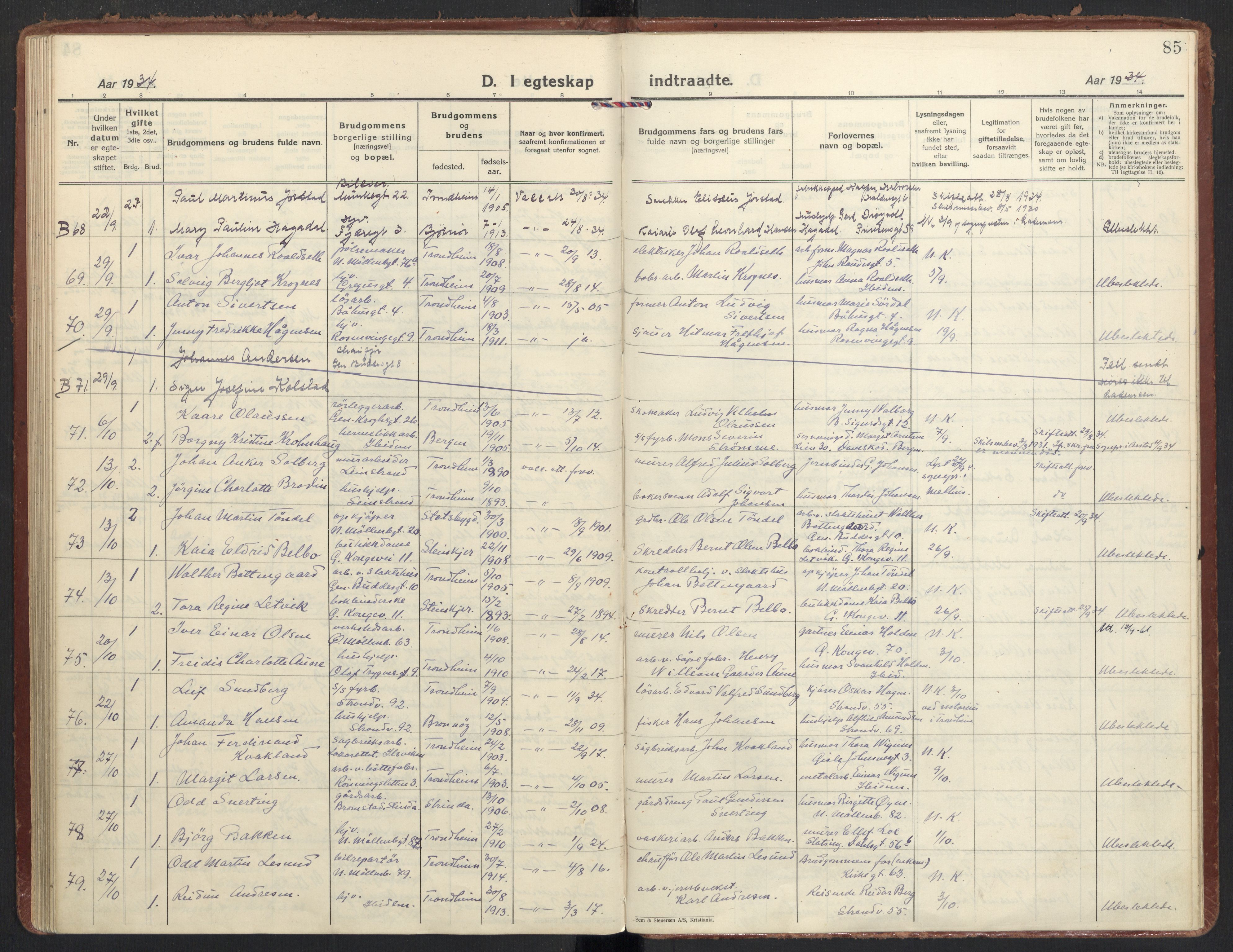 Ministerialprotokoller, klokkerbøker og fødselsregistre - Sør-Trøndelag, AV/SAT-A-1456/605/L0249: Parish register (official) no. 605A11, 1925-1936, p. 85