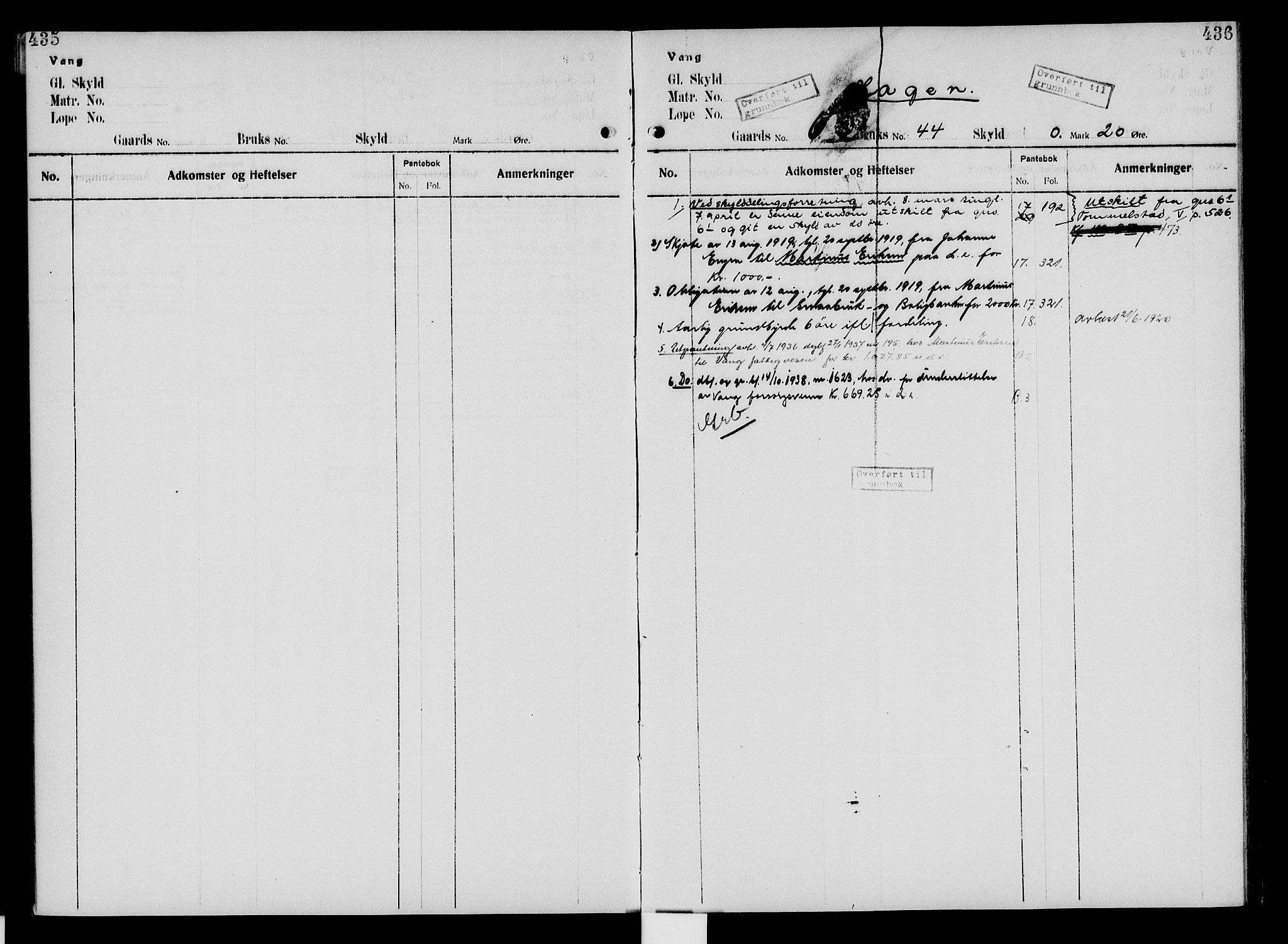 Nord-Hedmark sorenskriveri, SAH/TING-012/H/Ha/Had/Hade/L0005: Mortgage register no. 4.5, 1916-1940, p. 435-436