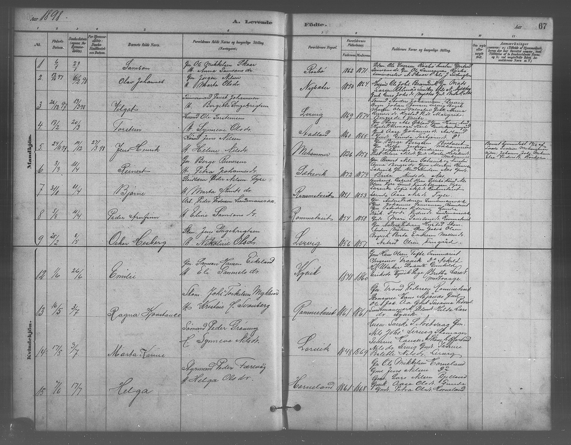 Stord sokneprestembete, SAB/A-78201/H/Hab: Parish register (copy) no. A 2, 1879-1909, p. 67