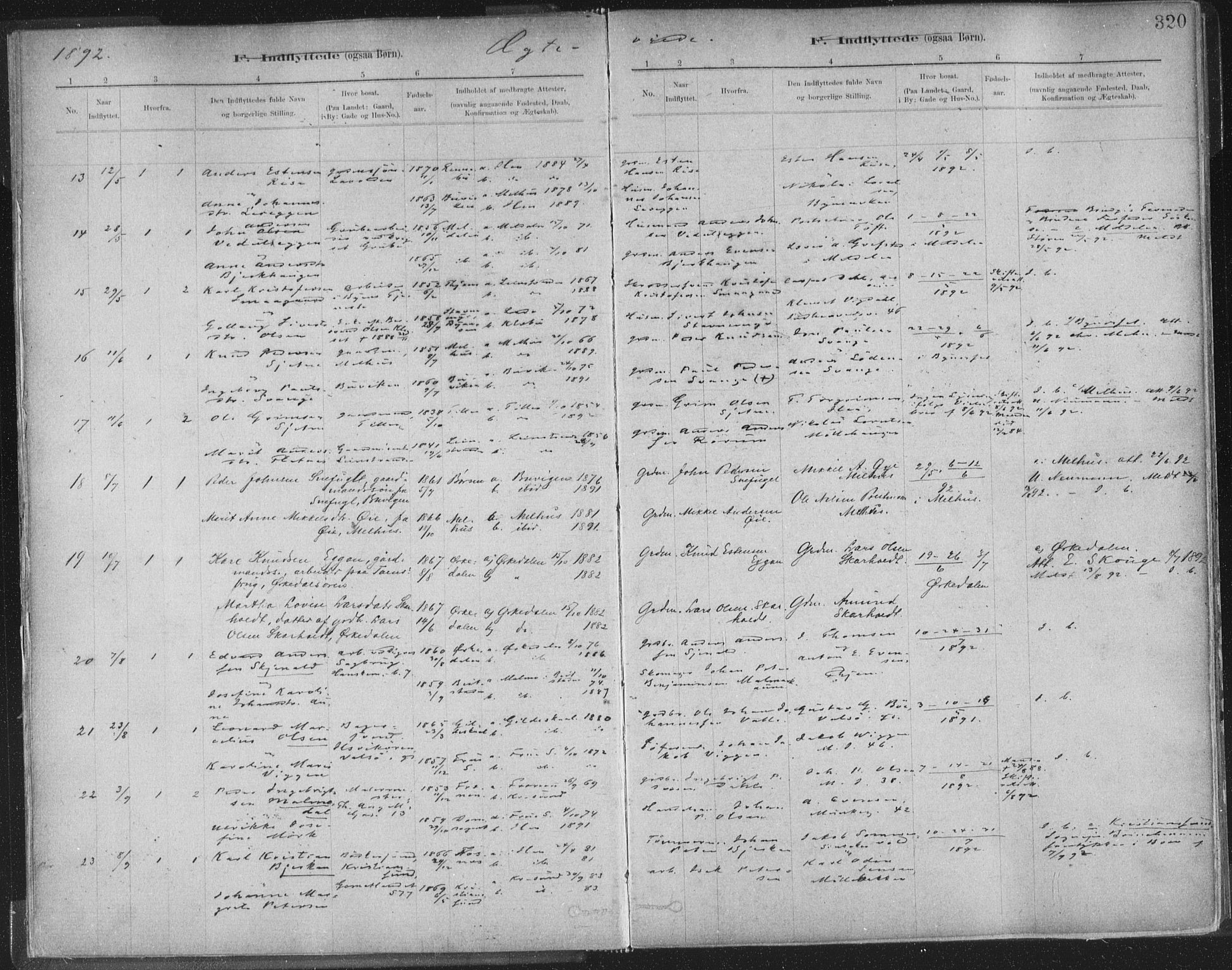 Ministerialprotokoller, klokkerbøker og fødselsregistre - Sør-Trøndelag, AV/SAT-A-1456/603/L0163: Parish register (official) no. 603A02, 1879-1895, p. 320