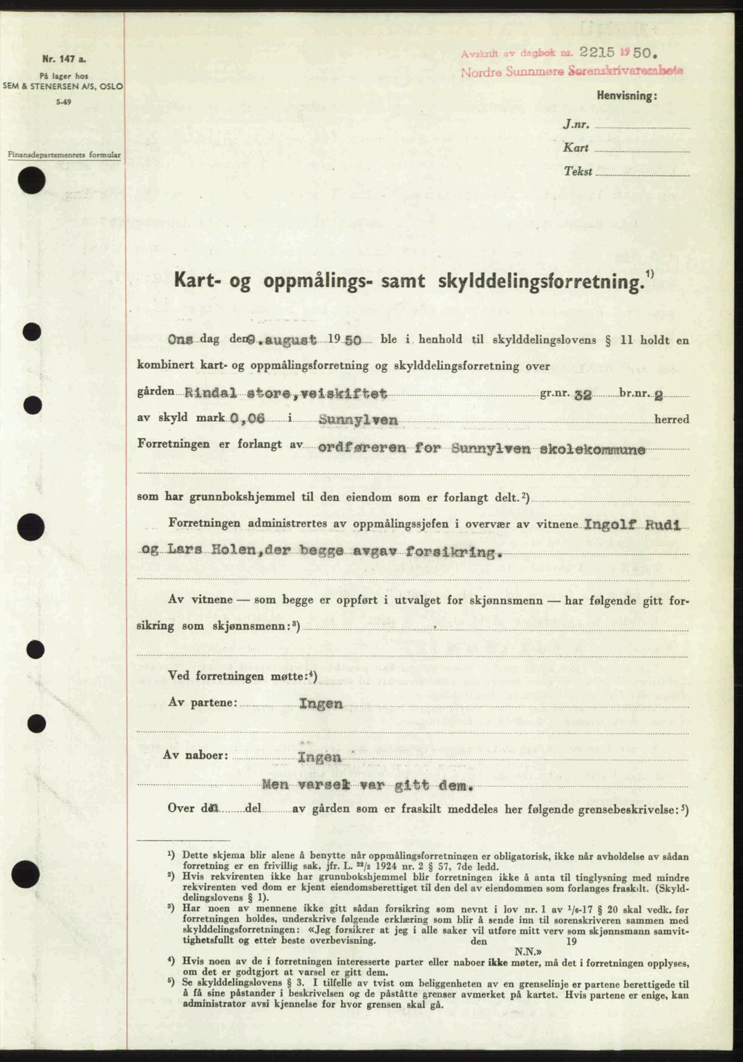 Nordre Sunnmøre sorenskriveri, AV/SAT-A-0006/1/2/2C/2Ca: Mortgage book no. A36, 1950-1950, Diary no: : 2215/1950