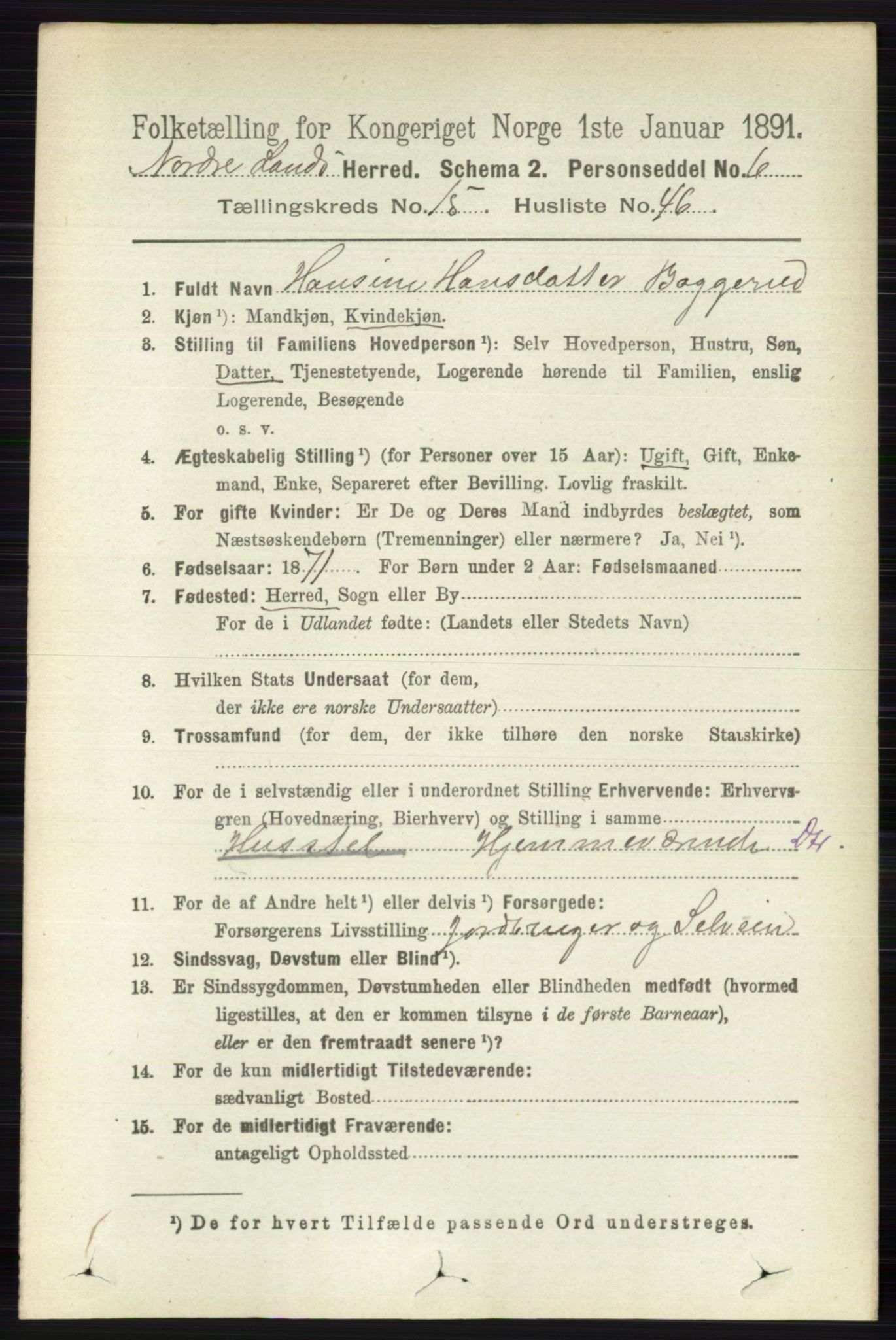 RA, 1891 census for 0538 Nordre Land, 1891, p. 4040