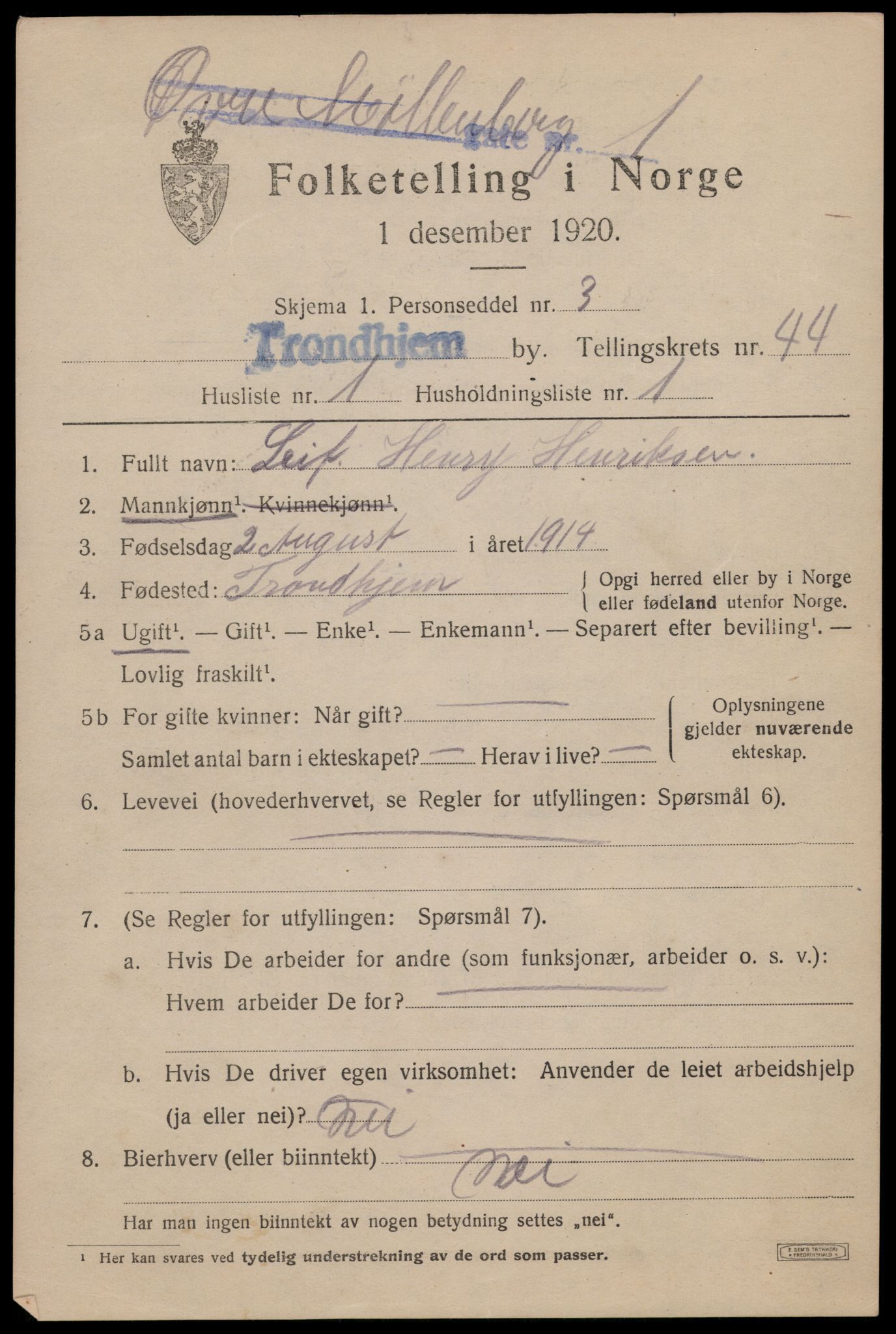 SAT, 1920 census for Trondheim, 1920, p. 94868