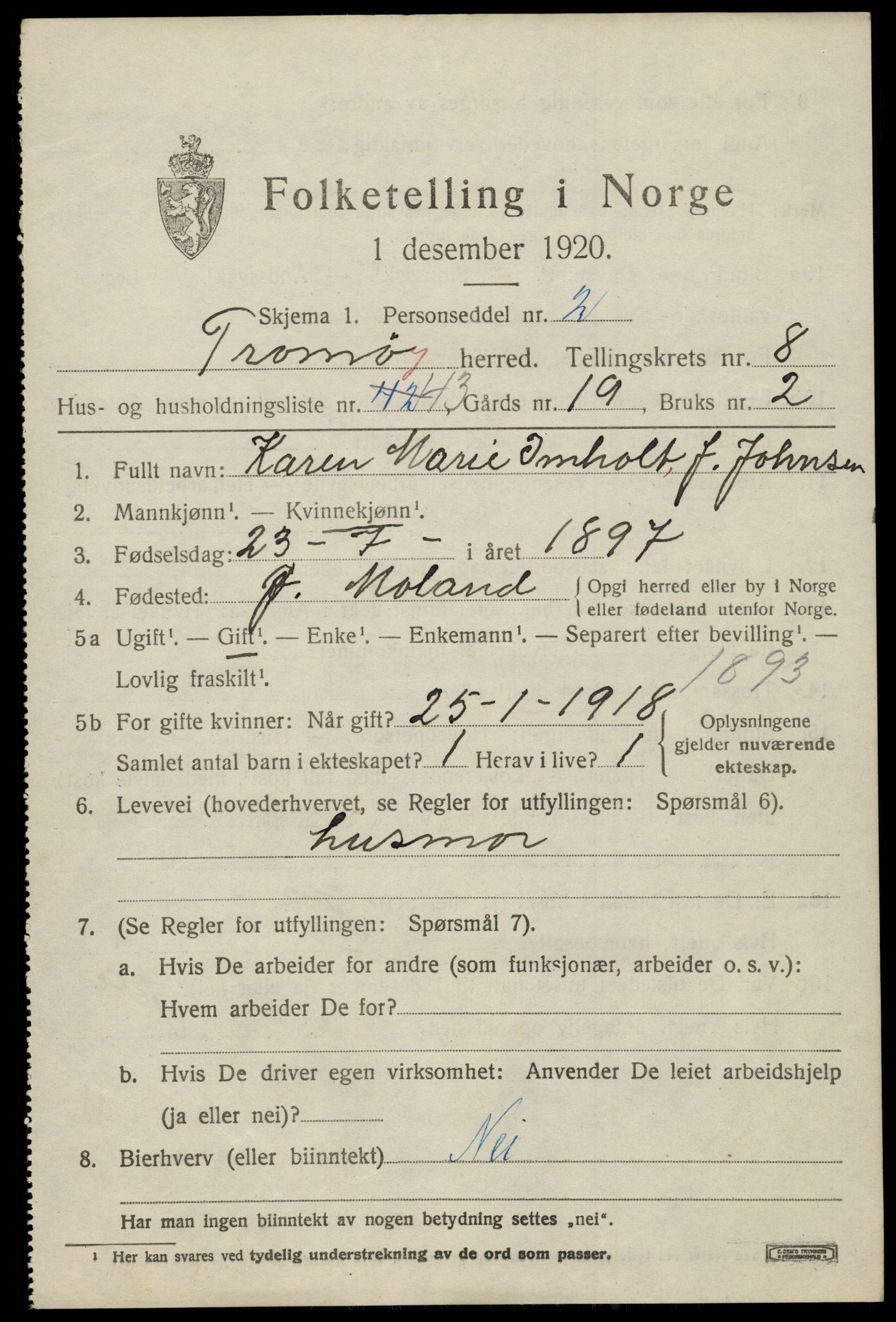 SAK, 1920 census for Tromøy, 1920, p. 5861