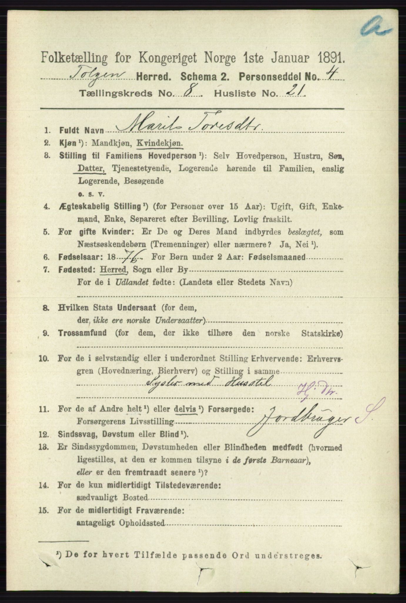 RA, 1891 census for 0436 Tolga, 1891, p. 2489