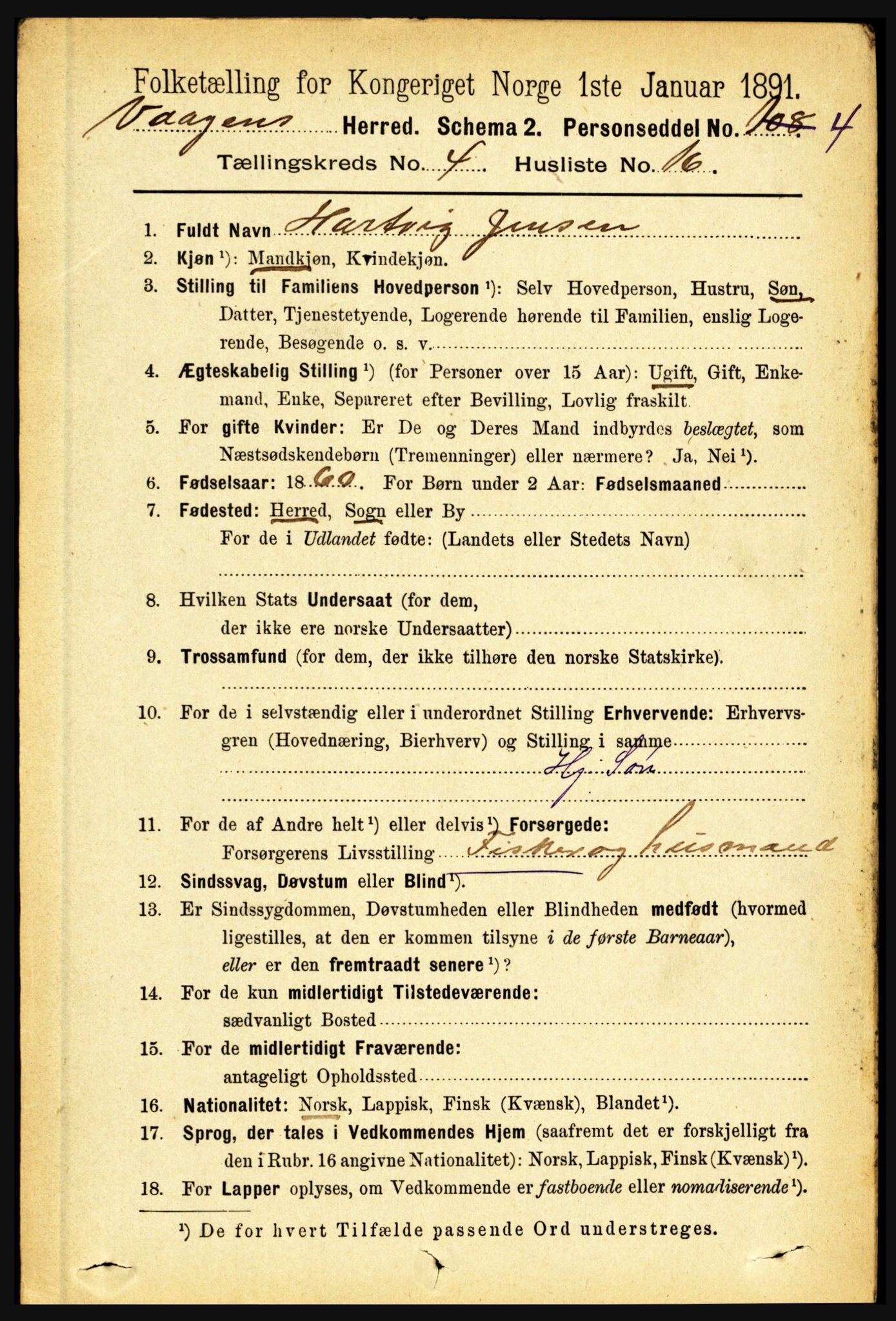 RA, 1891 census for 1865 Vågan, 1891, p. 1044