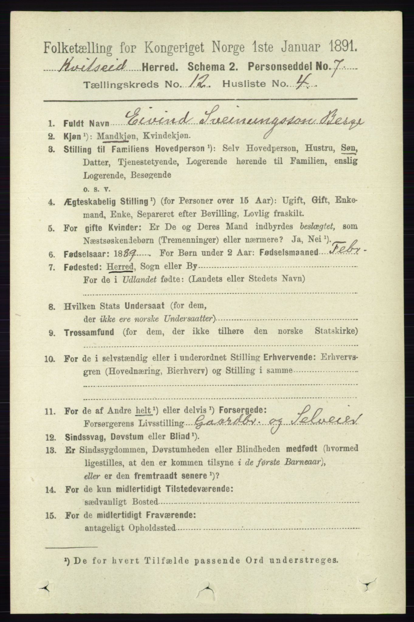 RA, 1891 census for 0829 Kviteseid, 1891, p. 2862