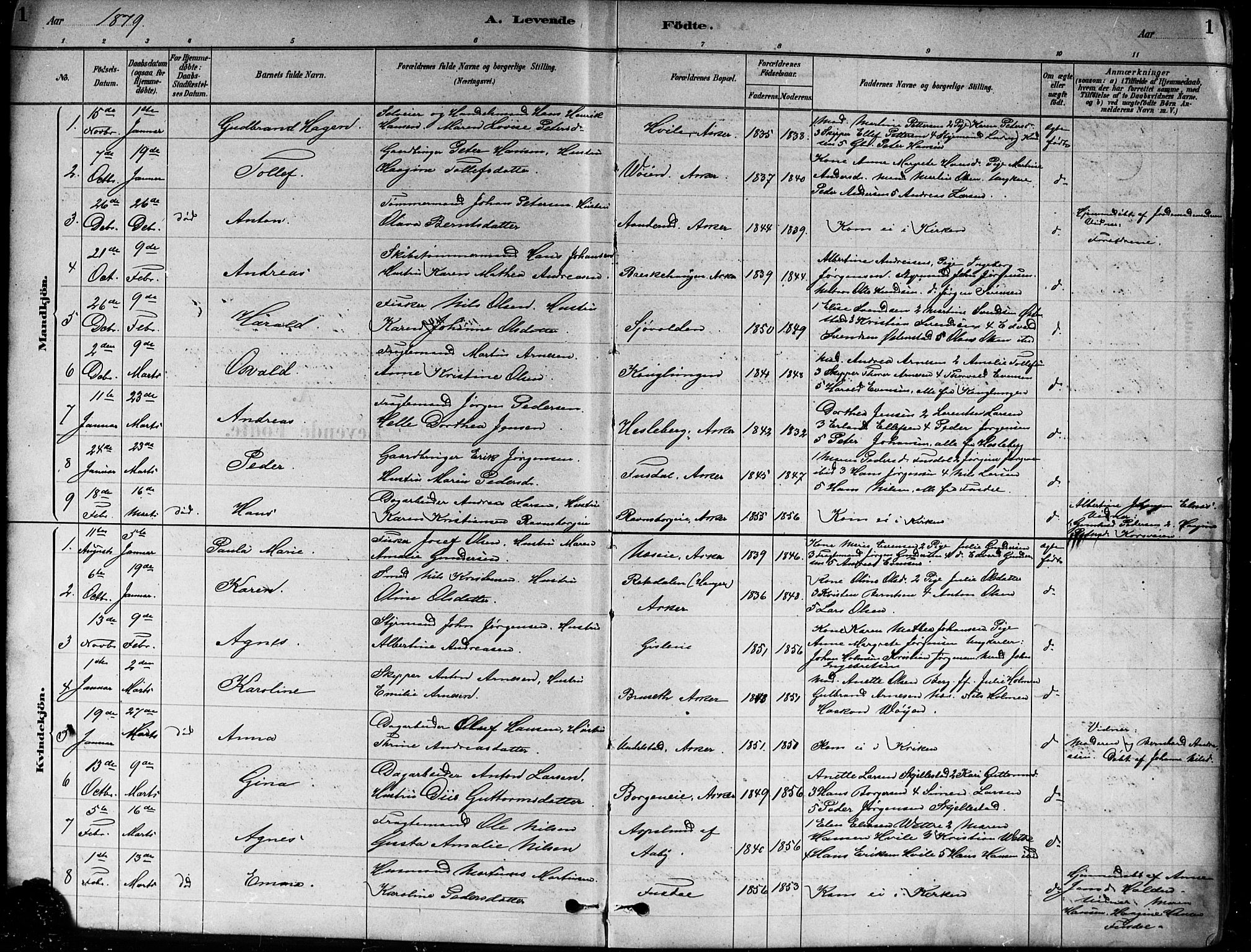 Asker prestekontor Kirkebøker, SAO/A-10256a/F/Fa/L0013: Parish register (official) no. I 13, 1879-1896, p. 1