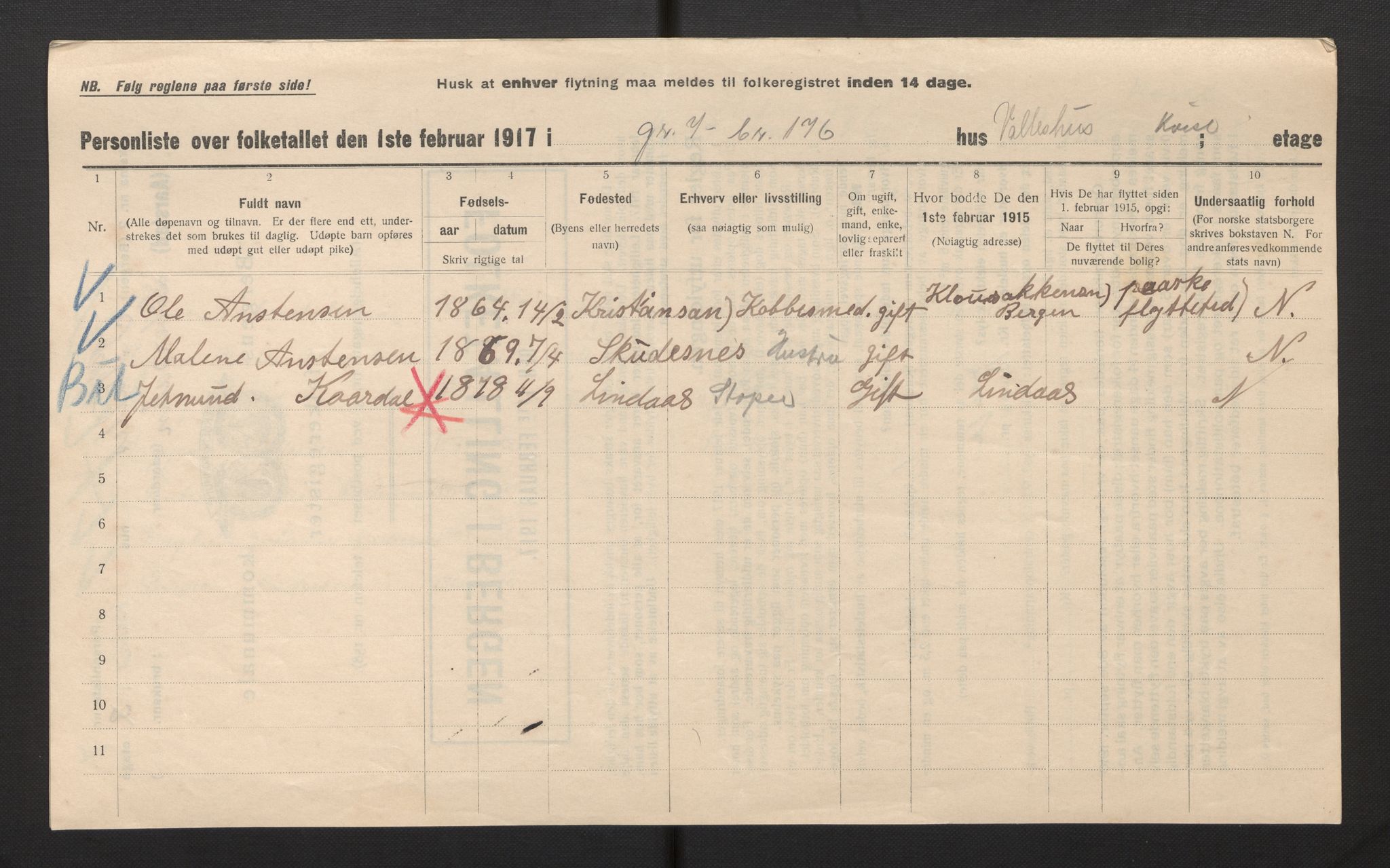 SAB, Municipal Census 1917 for Bergen, 1917, p. 49486