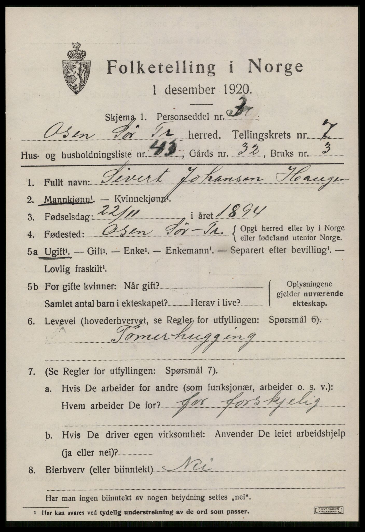 SAT, 1920 census for Osen, 1920, p. 3639