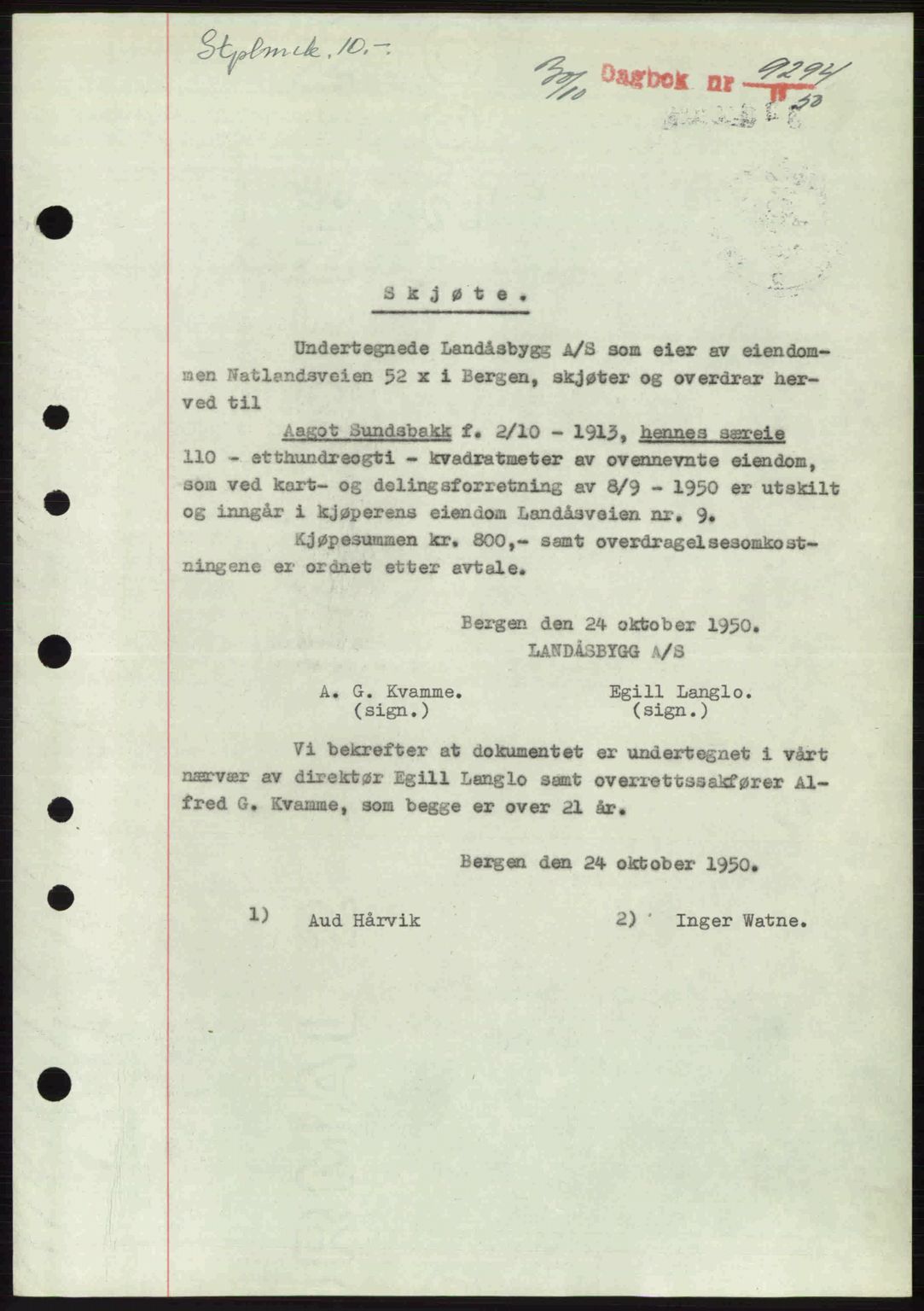Byfogd og Byskriver i Bergen, AV/SAB-A-3401/03/03Bc/L0034: Mortgage book no. A27-28, 1950-1950, Diary no: : 9294/1950