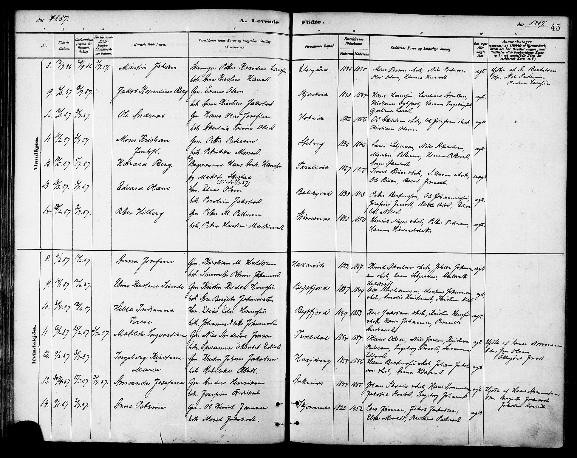 Ministerialprotokoller, klokkerbøker og fødselsregistre - Nordland, AV/SAT-A-1459/866/L0938: Parish register (official) no. 866A01, 1879-1893, p. 45