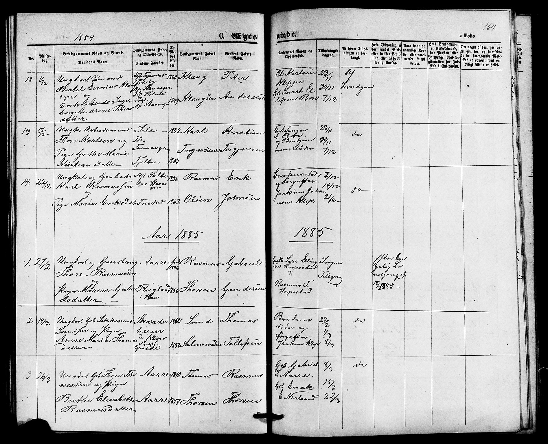 Klepp sokneprestkontor, SAST/A-101803/001/3/30BB/L0003: Parish register (copy) no. B 3, 1876-1888, p. 164