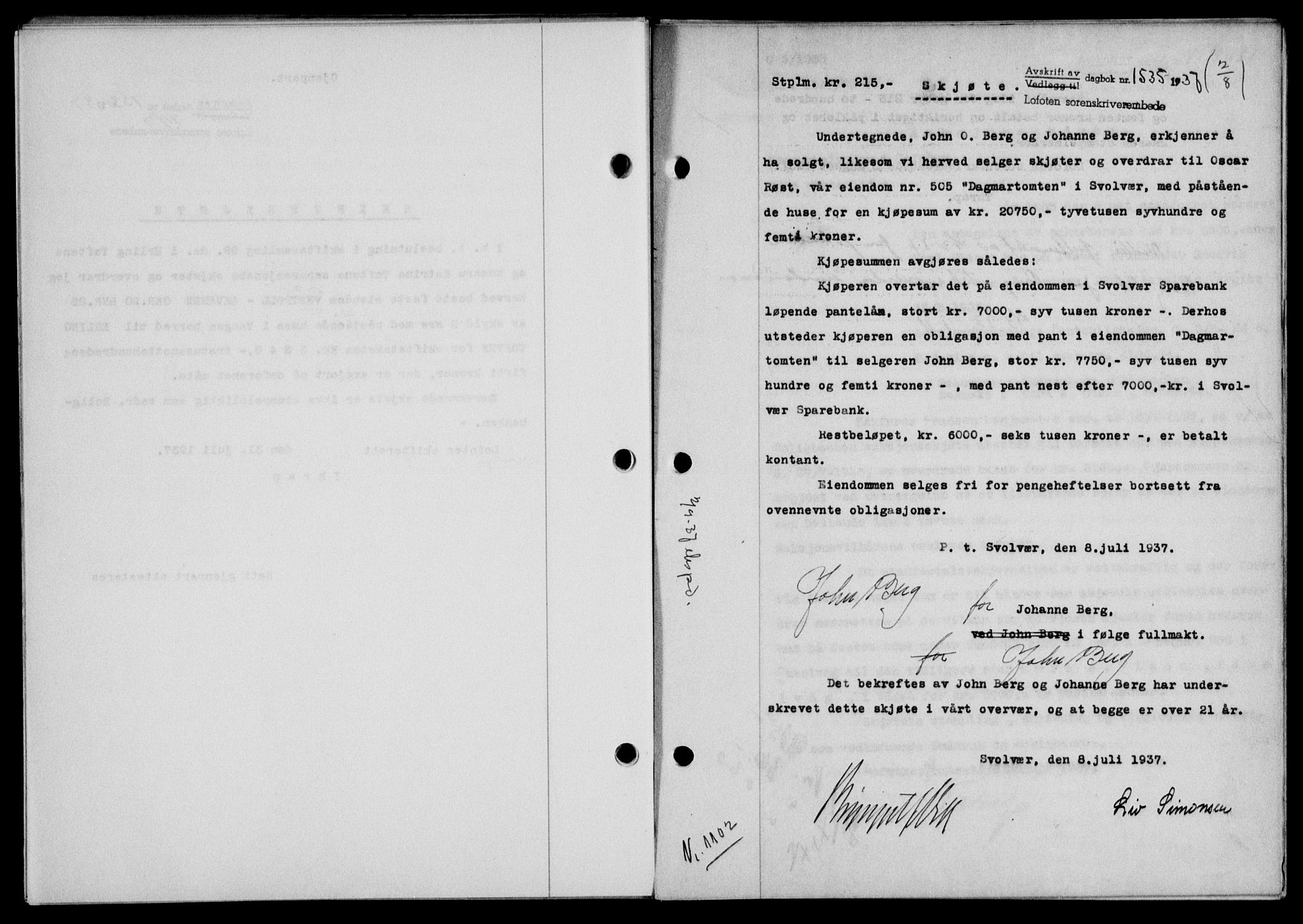 Lofoten sorenskriveri, SAT/A-0017/1/2/2C/L0002a: Mortgage book no. 2a, 1937-1937, Diary no: : 1535/1937