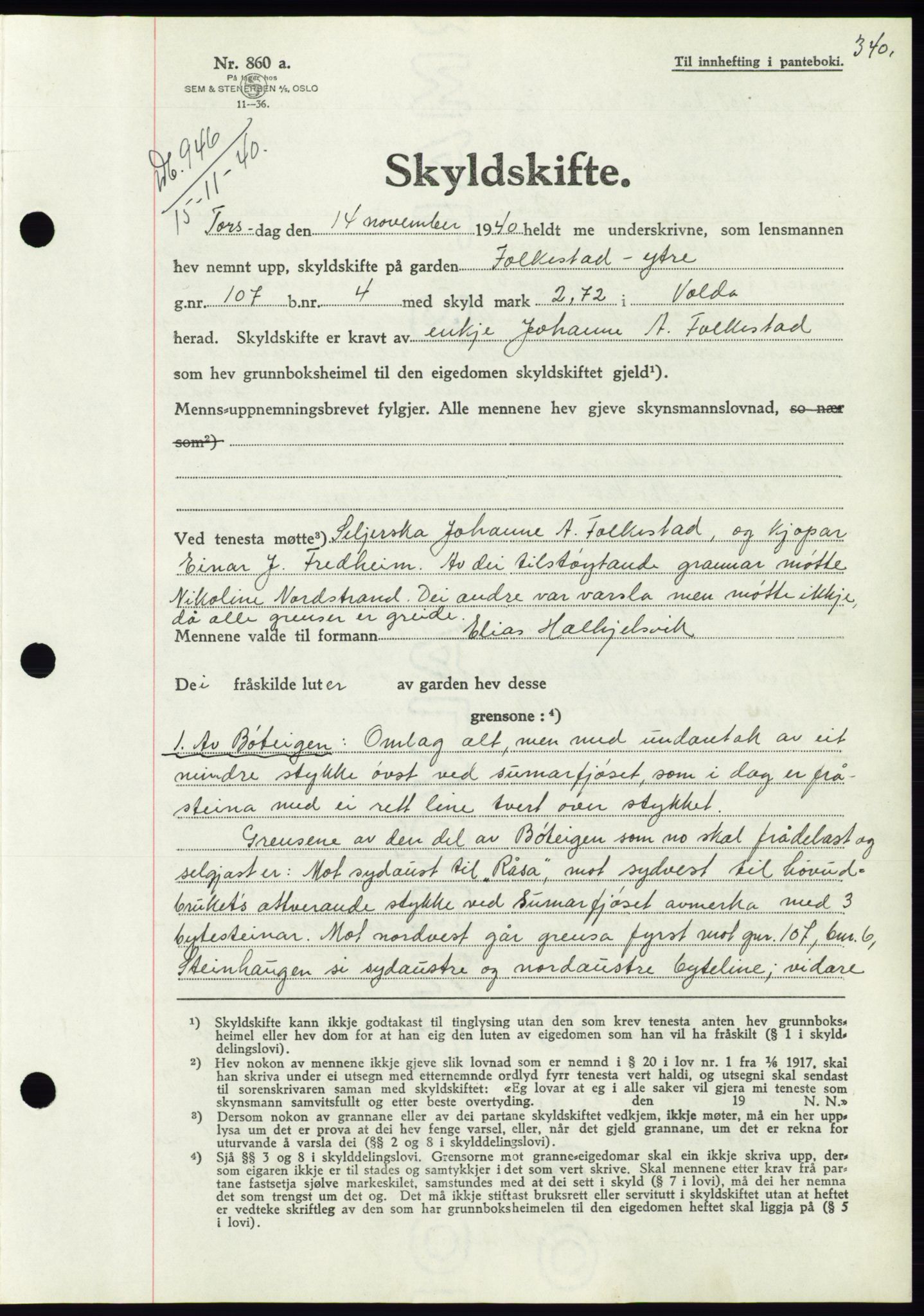 Søre Sunnmøre sorenskriveri, AV/SAT-A-4122/1/2/2C/L0070: Mortgage book no. 64, 1940-1941, Diary no: : 946/1940